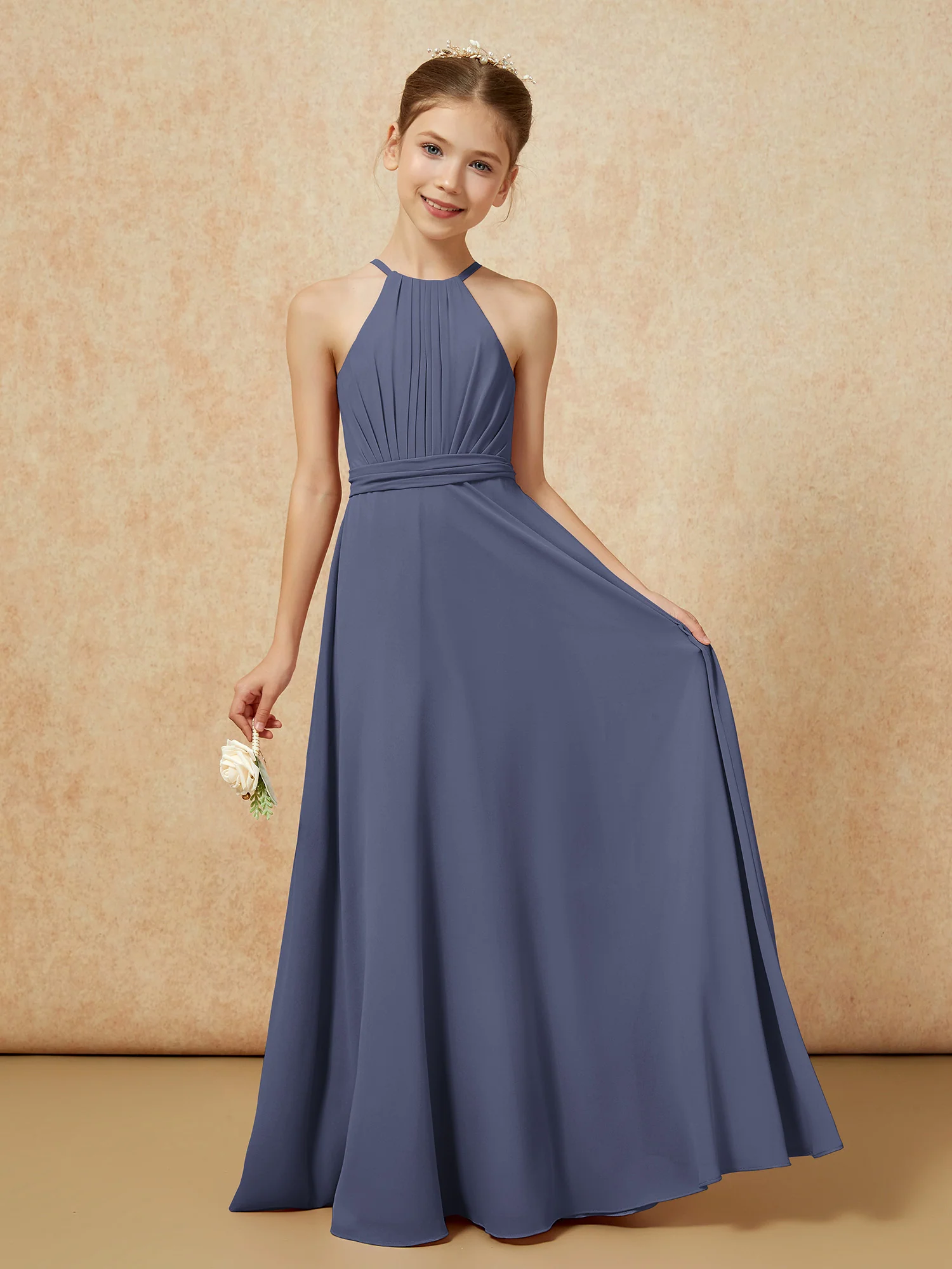 Sleeveless Pleated Long Chiffon Junior Bridesmaid Dress Stormy