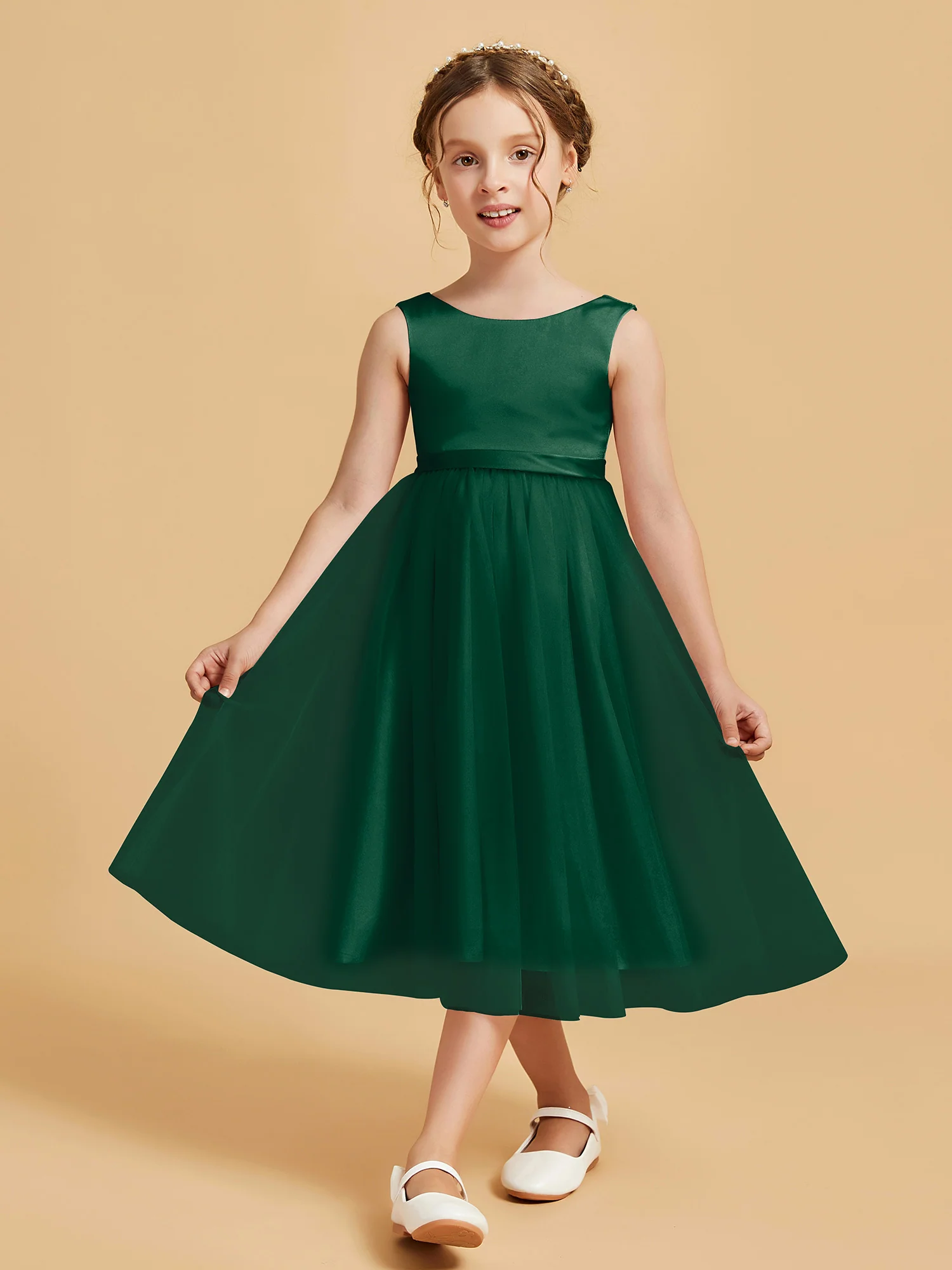 Sleeveless Satin Pleated Girl's Dress Dark Green