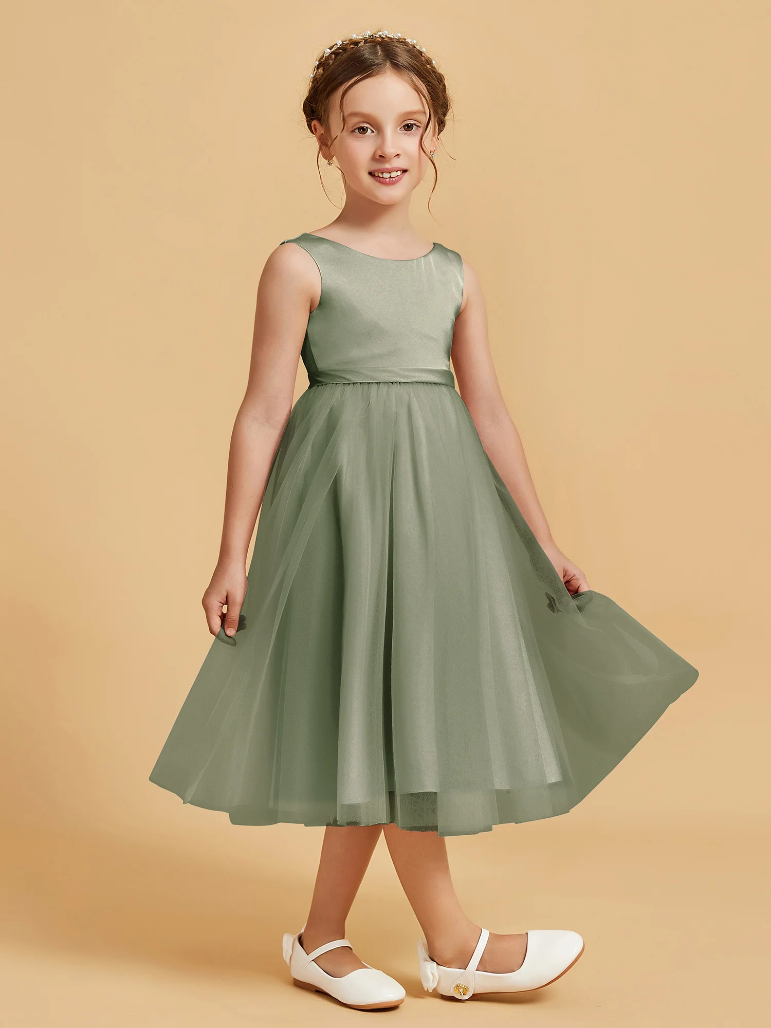 Sleeveless Satin Pleated Girl's Dress Dusty Sage - Image 3