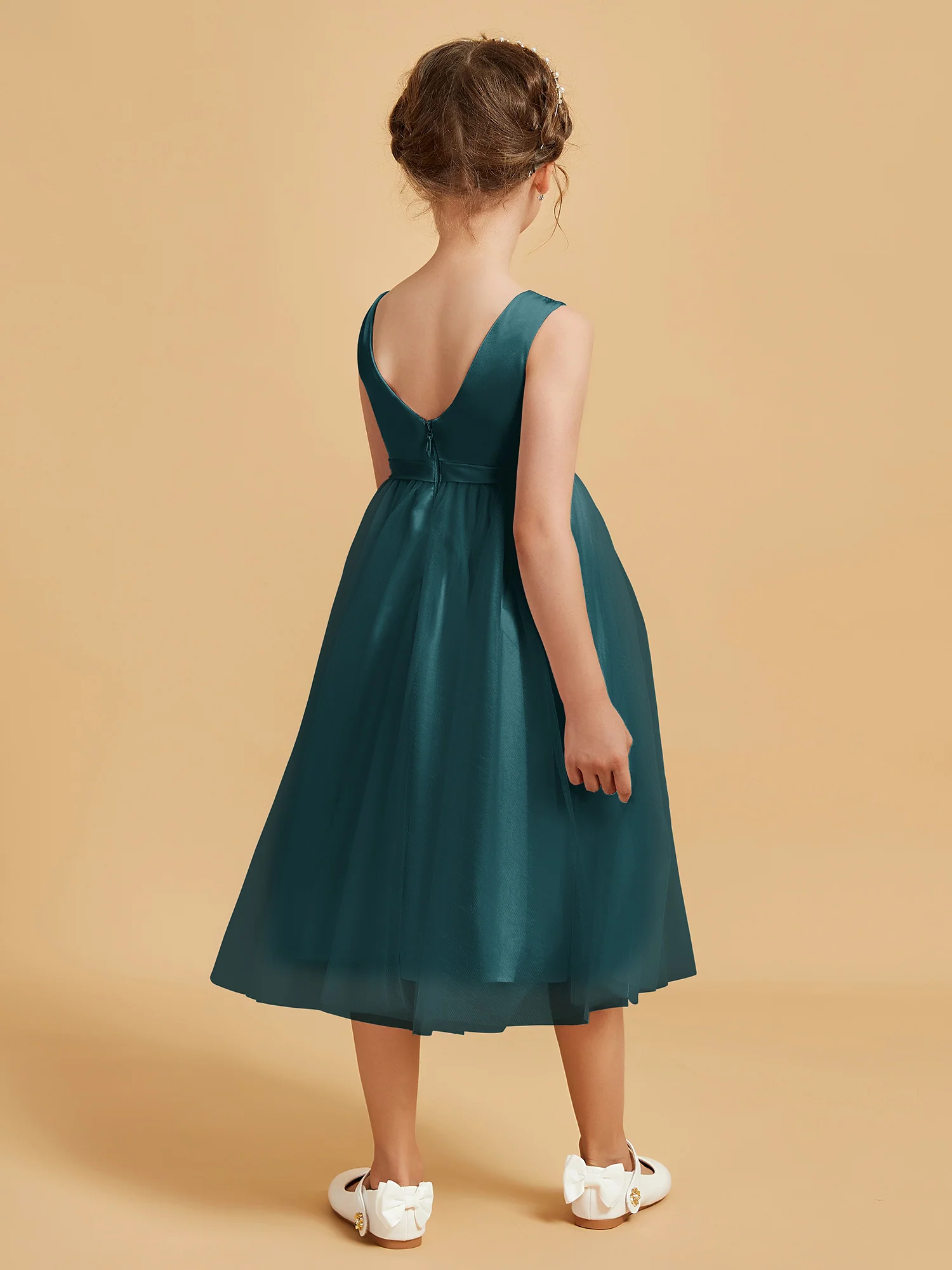 Sleeveless Satin Pleated Girl's Dress Peacock - Image 2