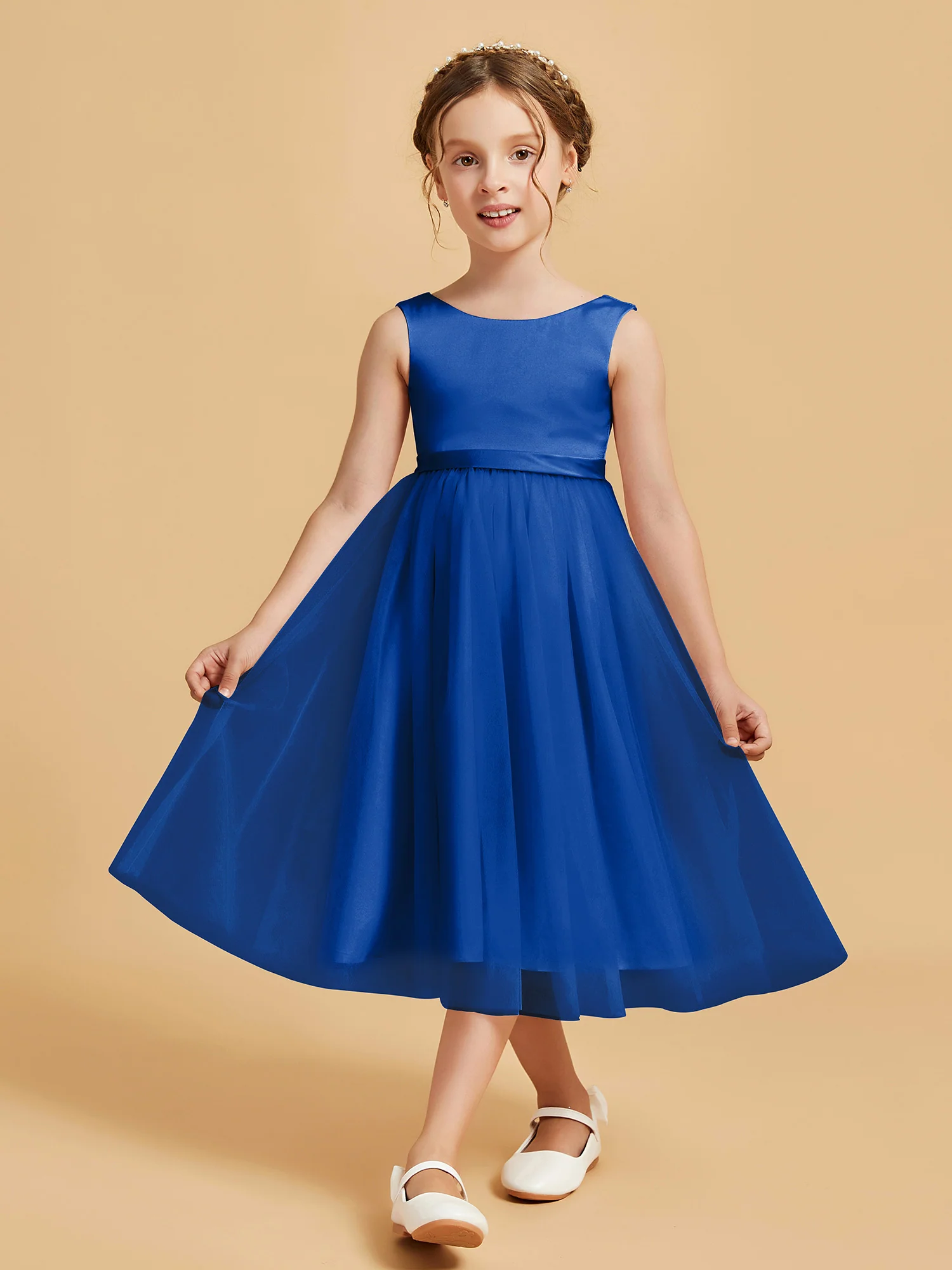 Sleeveless Satin Pleated Girl's Dress Royal Blue