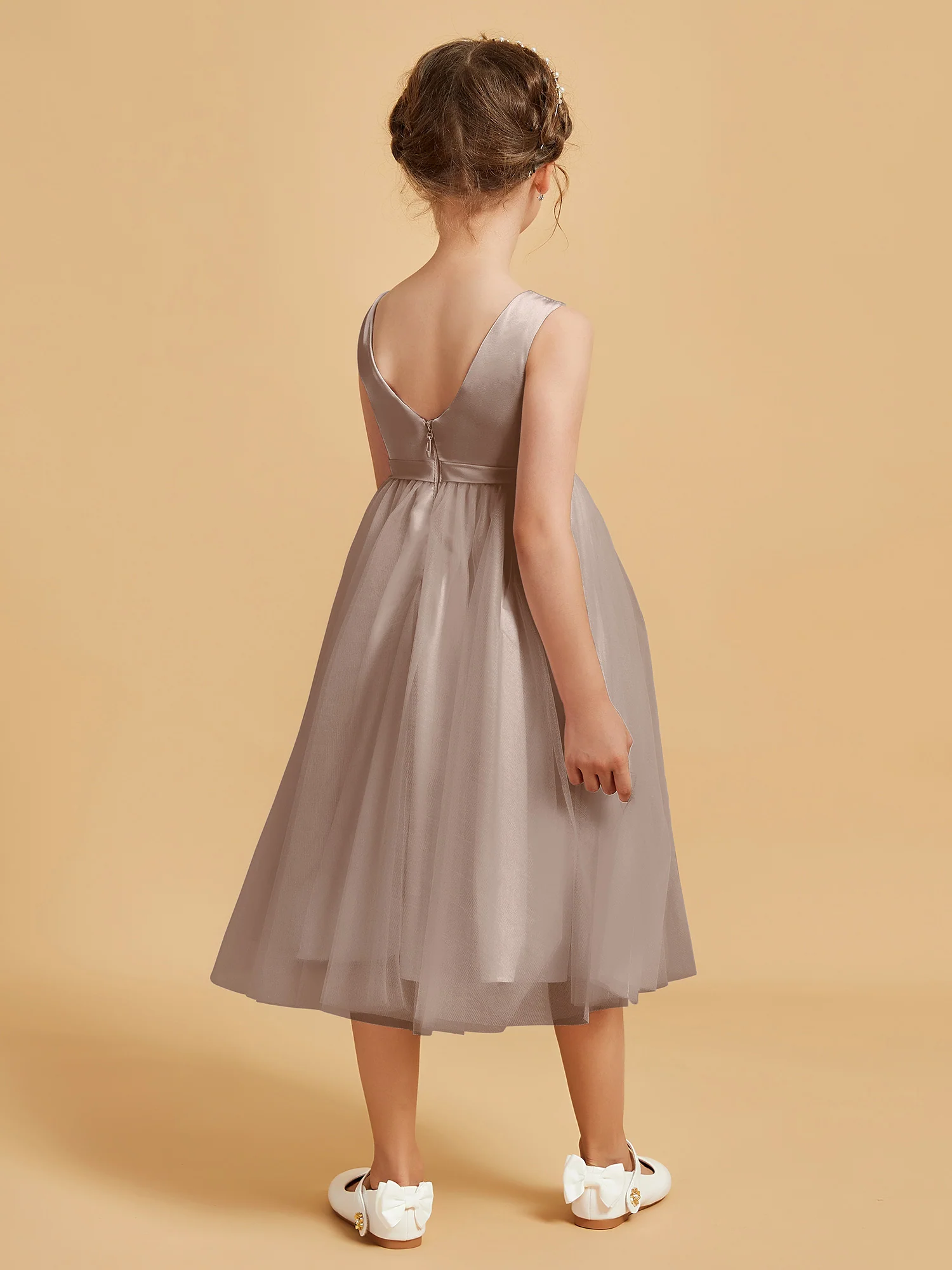 Sleeveless Satin Pleated Girl's Dress Taupe - Image 2