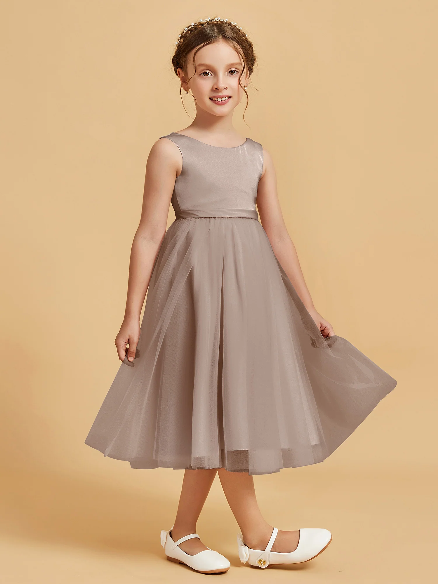 Sleeveless Satin Pleated Girl's Dress Taupe - Image 3