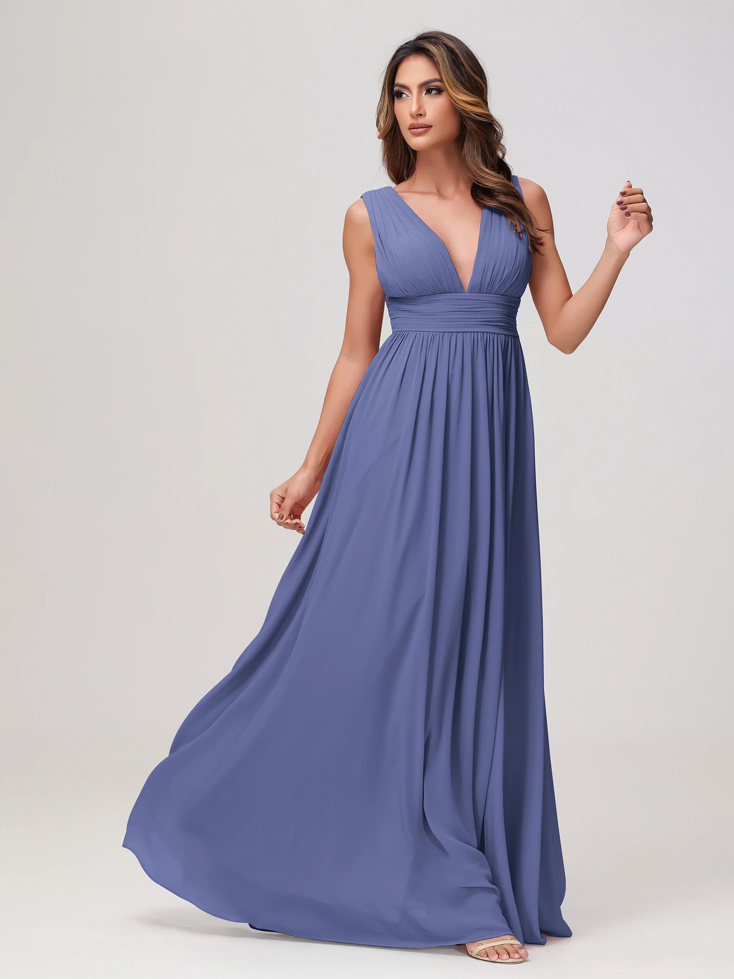 Sleeveless V-neck Chiffon A-line Dress with Slit Periwinkle - Image 3