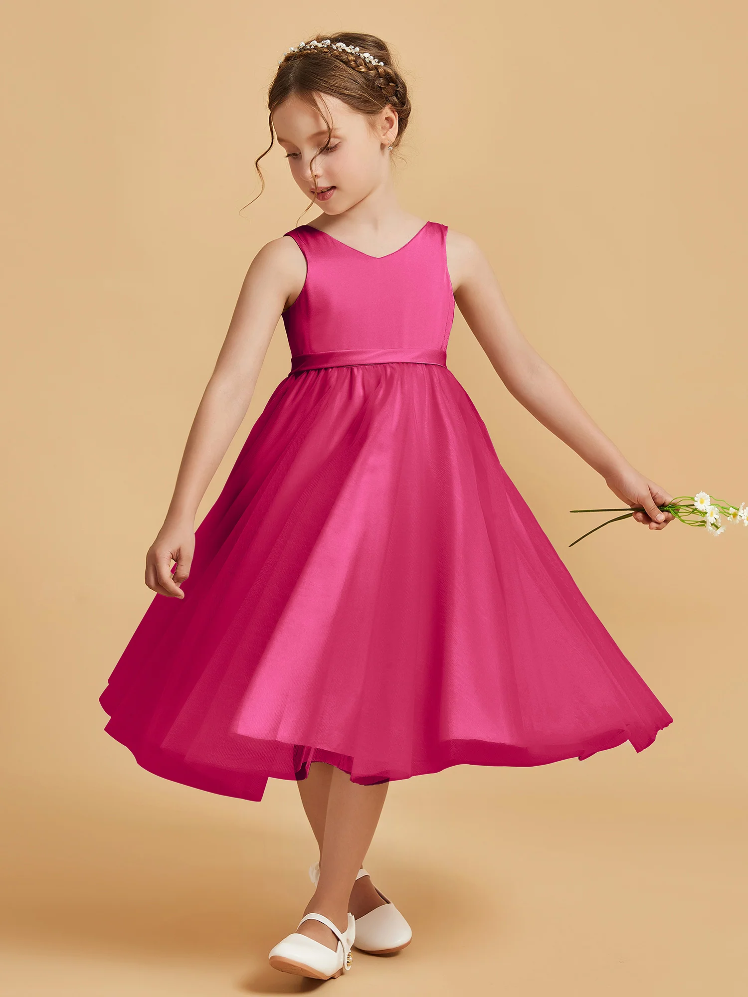 Sleeveless V-Neck Girl's Dress Fuchsia - Image 3