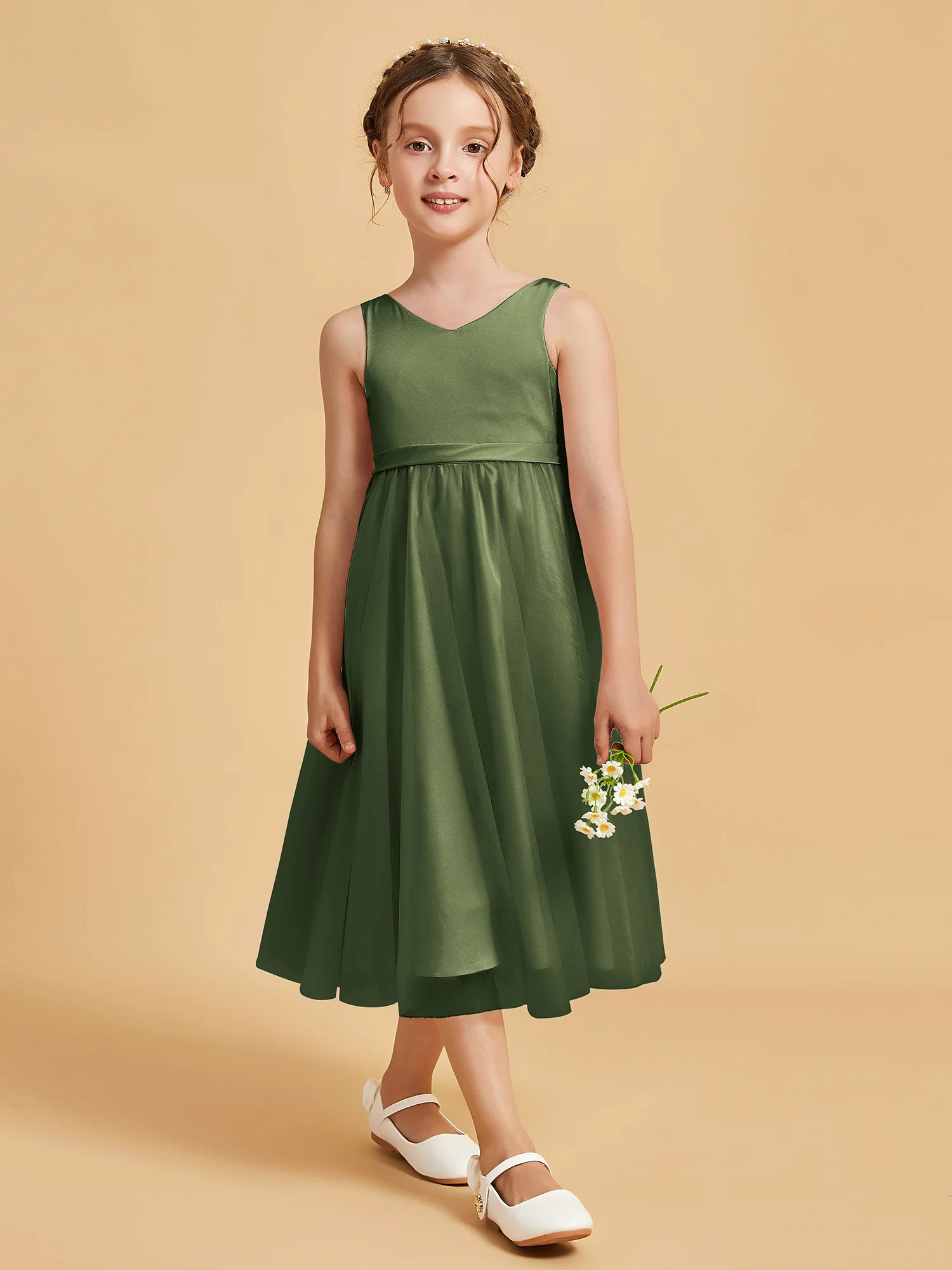 Sleeveless V-Neck Girl's Dress Olive Green