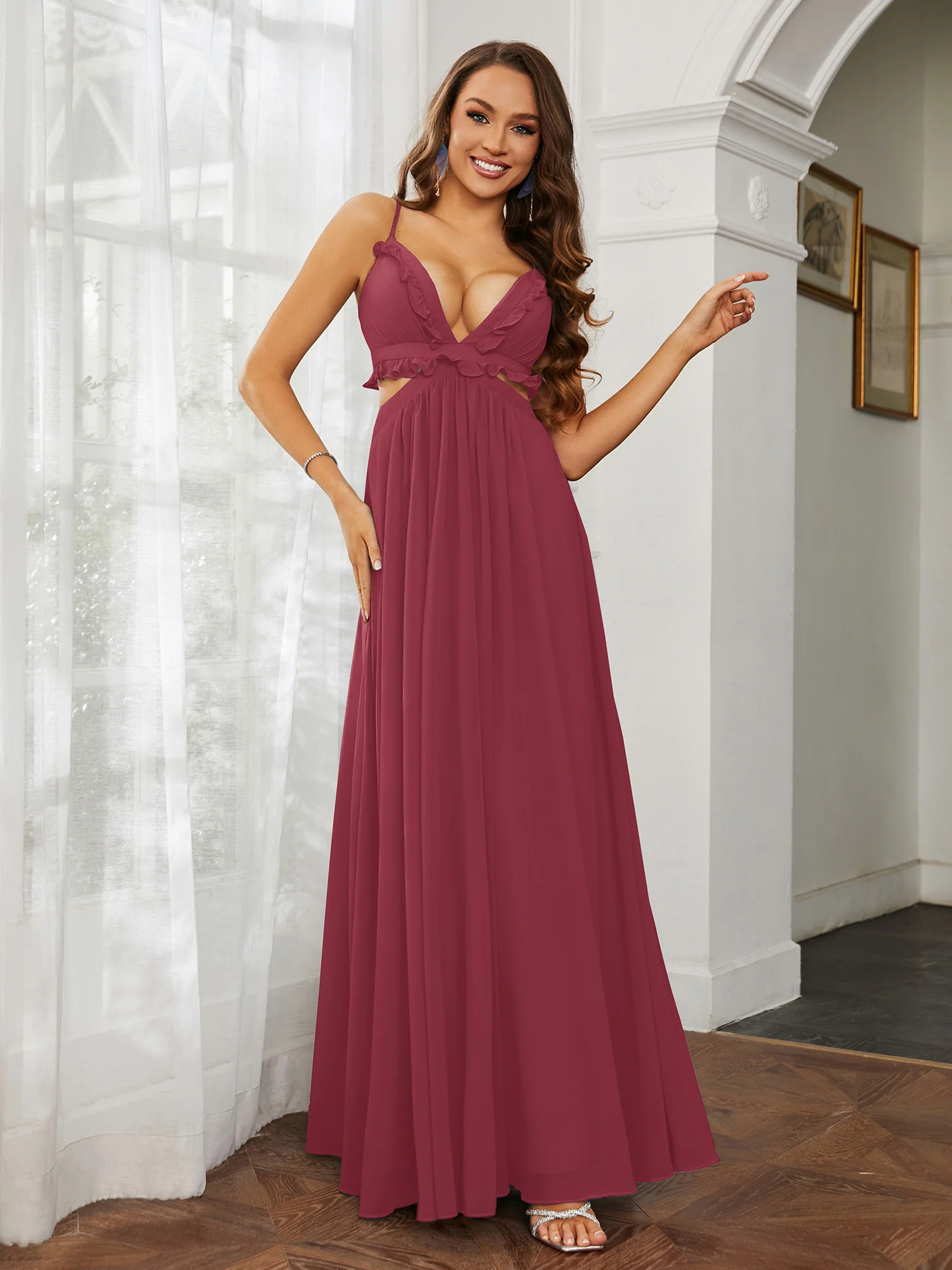 Spaghetti Strap Ruffled Chiffon Cutout Maxi Sexy Dress Cinnamon Rose Plus Size