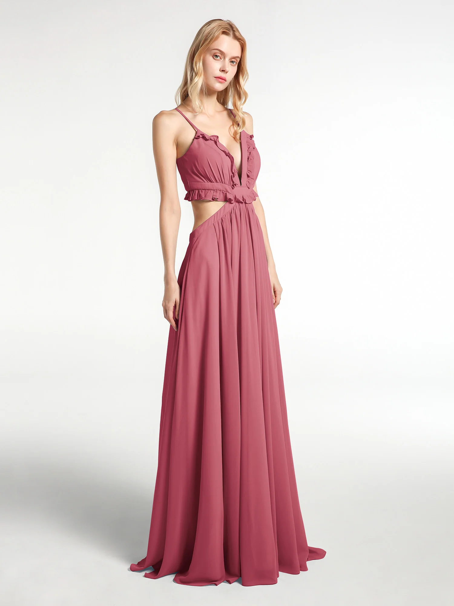 Spaghetti Strap Ruffled Chiffon Cutout Maxi Sexy Dress Cinnamon Rose Plus Size - Image 6