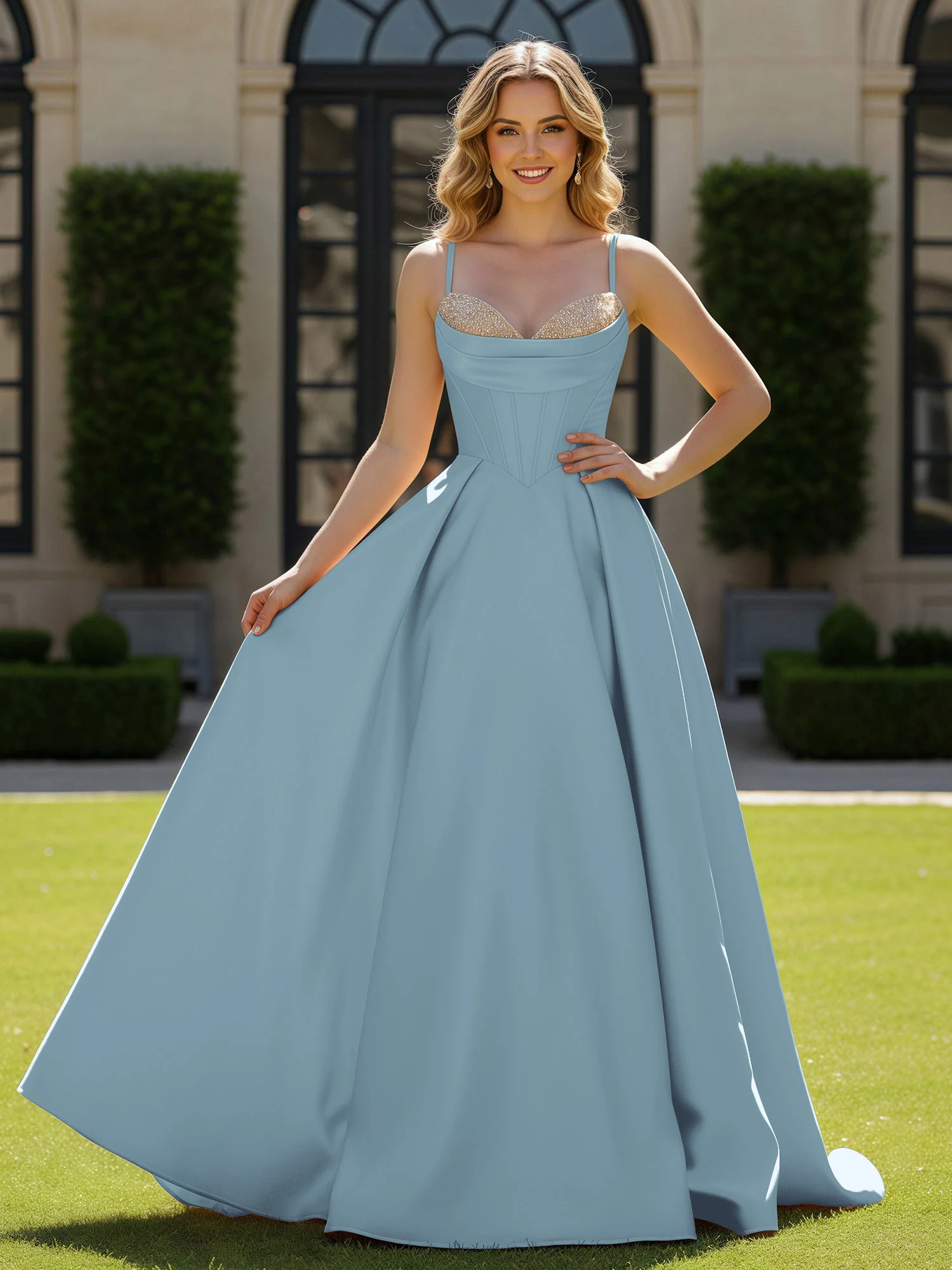 Spaghetti Straps Beaded Sweetheart Neck Maxi Gown Dusty Blue