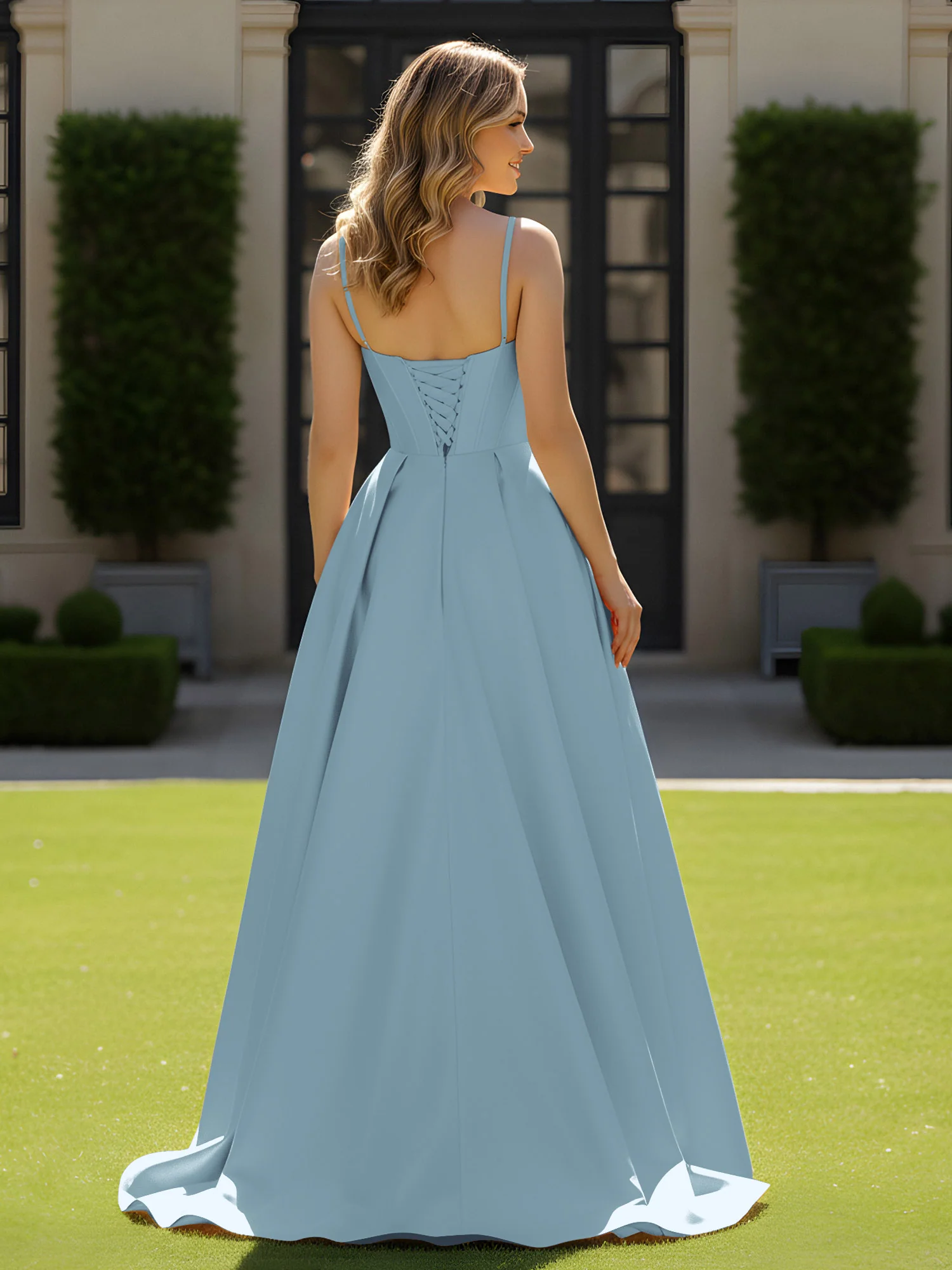 Spaghetti Straps Beaded Sweetheart Neck Maxi Gown Dusty Blue - Image 2