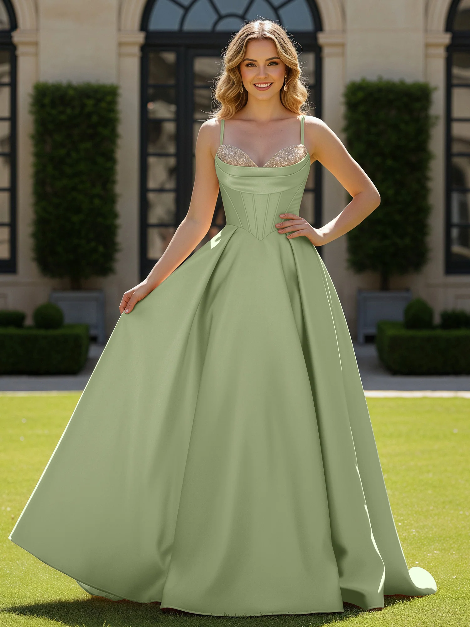 Spaghetti Straps Beaded Sweetheart Neck Maxi Gown Dusty Sage
