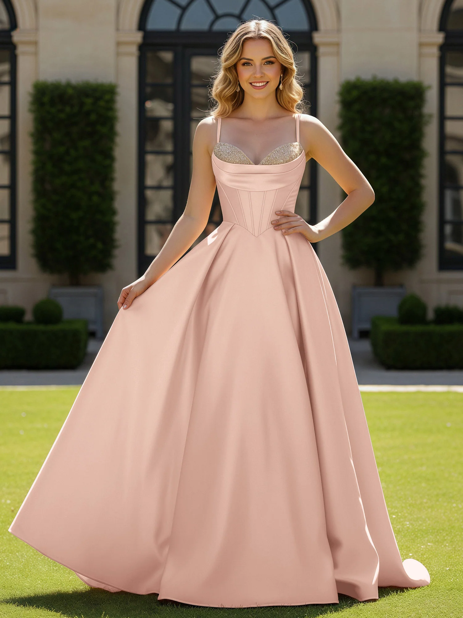 Spaghetti Straps Beaded Sweetheart Neck Maxi Gown Pearl Pink