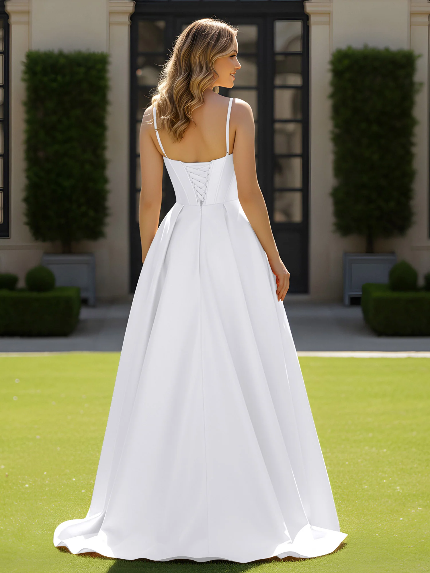 Spaghetti Straps Beaded Sweetheart Neck Maxi Gown White - Image 2