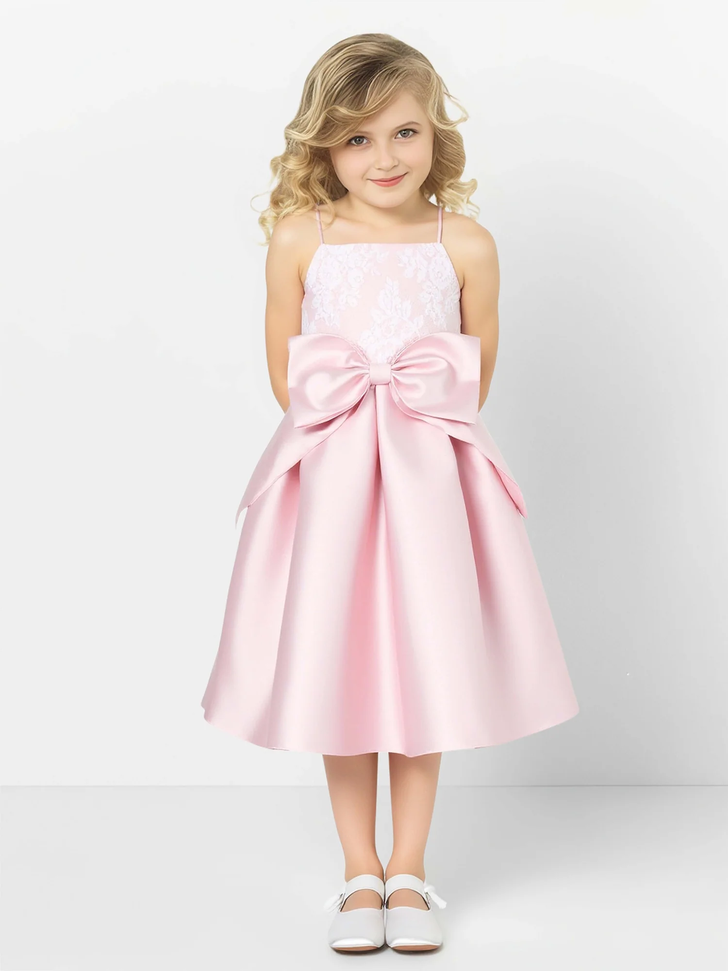 Spaghetti Straps Lace Satin Flower Girl Dress With Bow Candy Pink