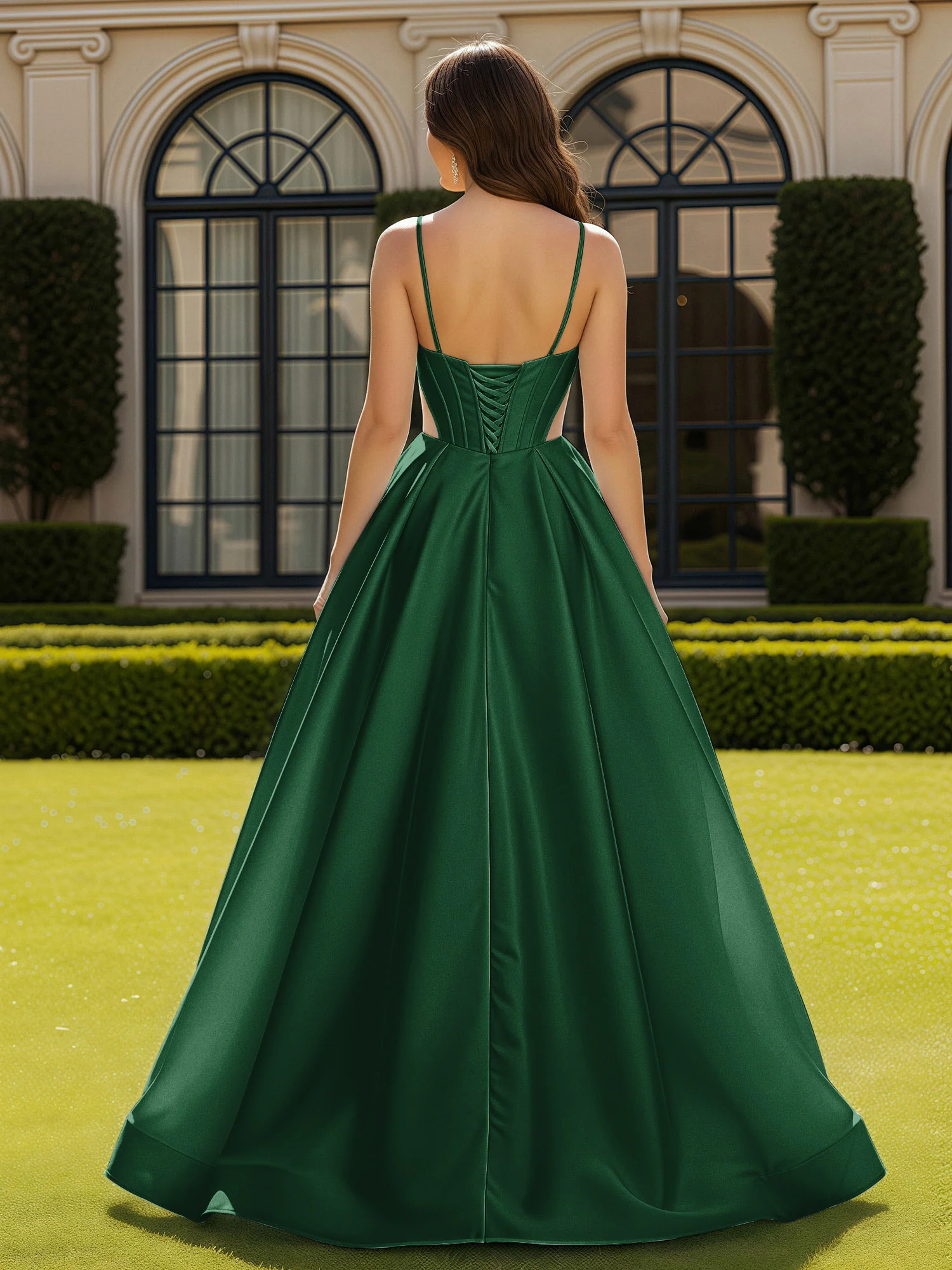 Spaghetti Straps Lace Sweetheart Corset Dress With Slit Dark Green - Image 2