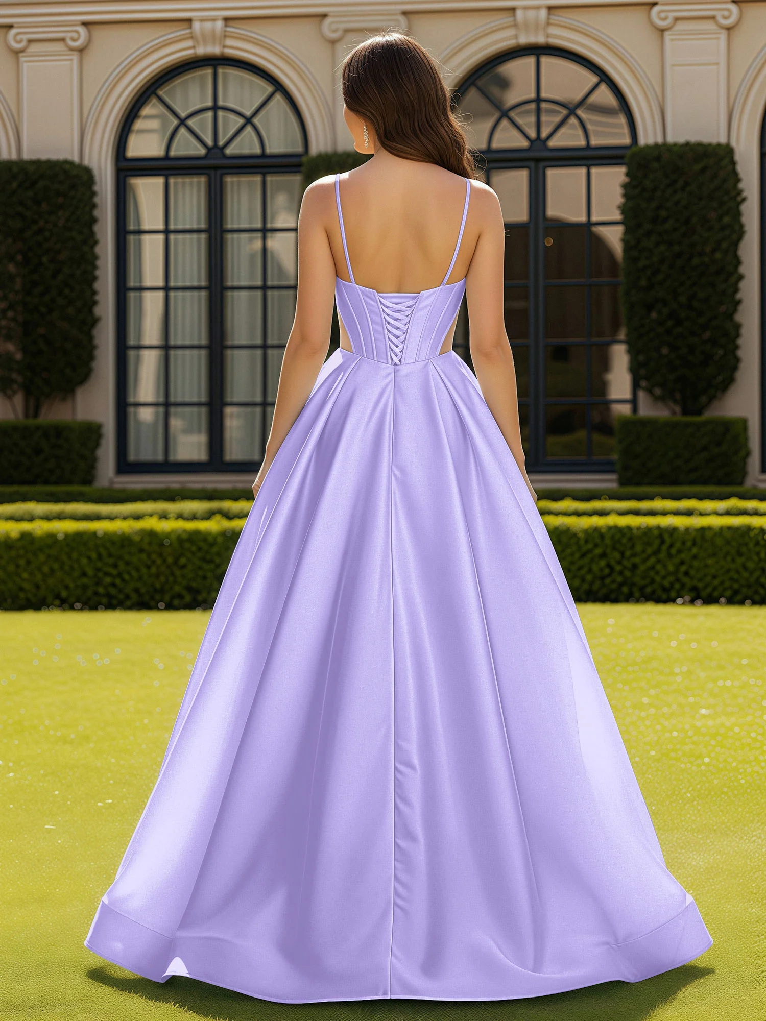 Spaghetti Straps Lace Sweetheart Corset Dress With Slit Lilac - Image 2