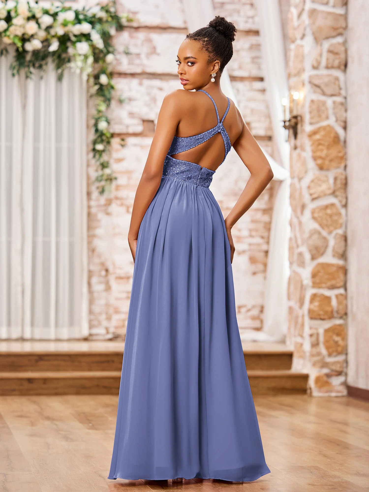 Spaghetti Straps Lace Top Long Chiffon Dresses Periwinkle - Image 2