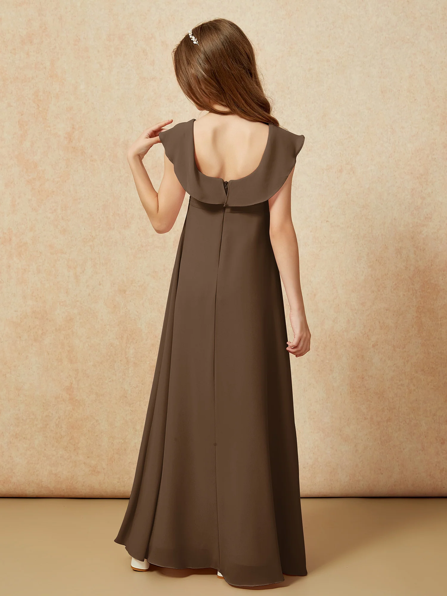 Square Neck Chiffon Junior Bridesmaid Dress With Slit Brown - Image 2