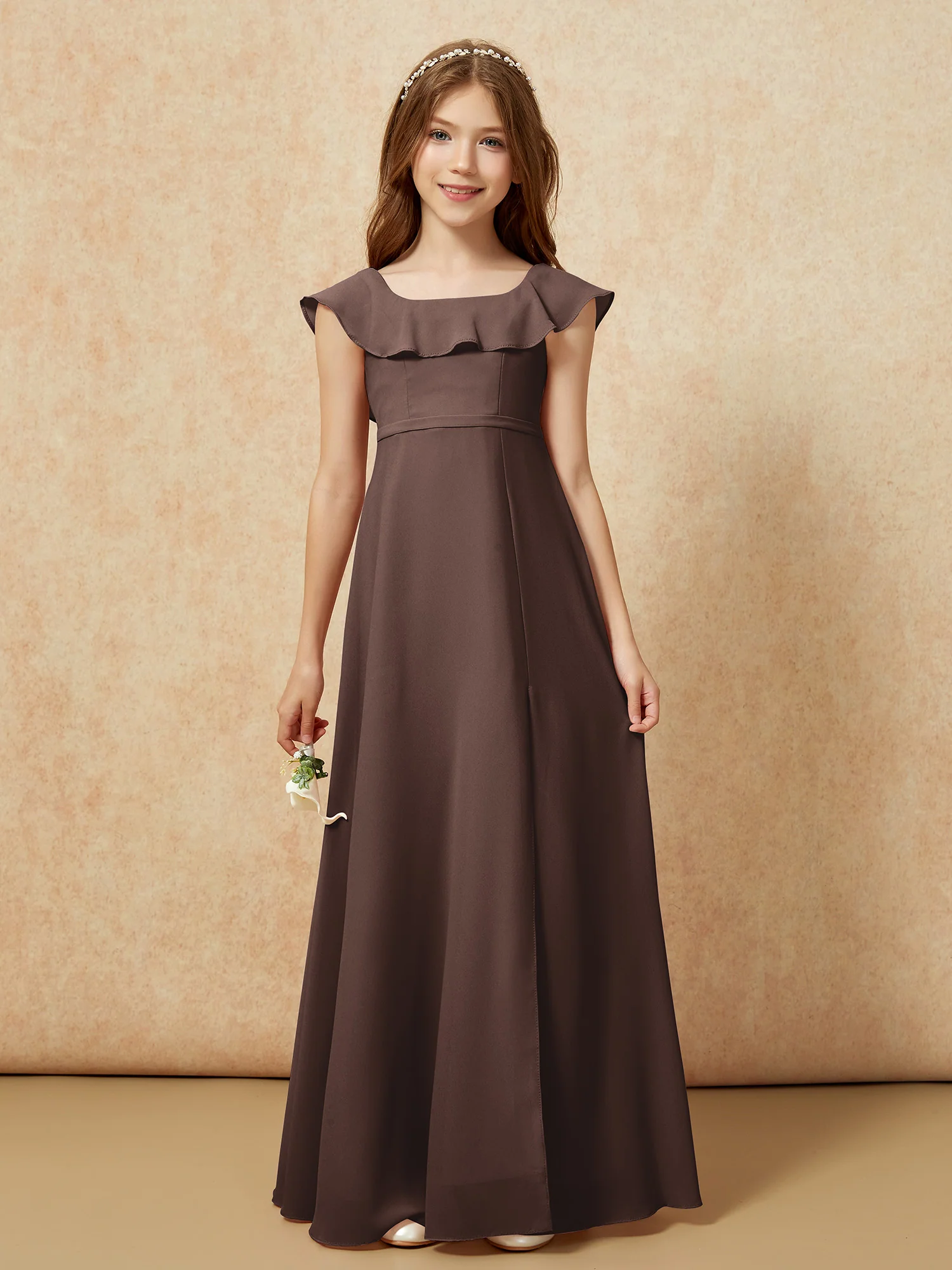 Square Neck Chiffon Junior Bridesmaid Dress With Slit Chocolate - Image 4