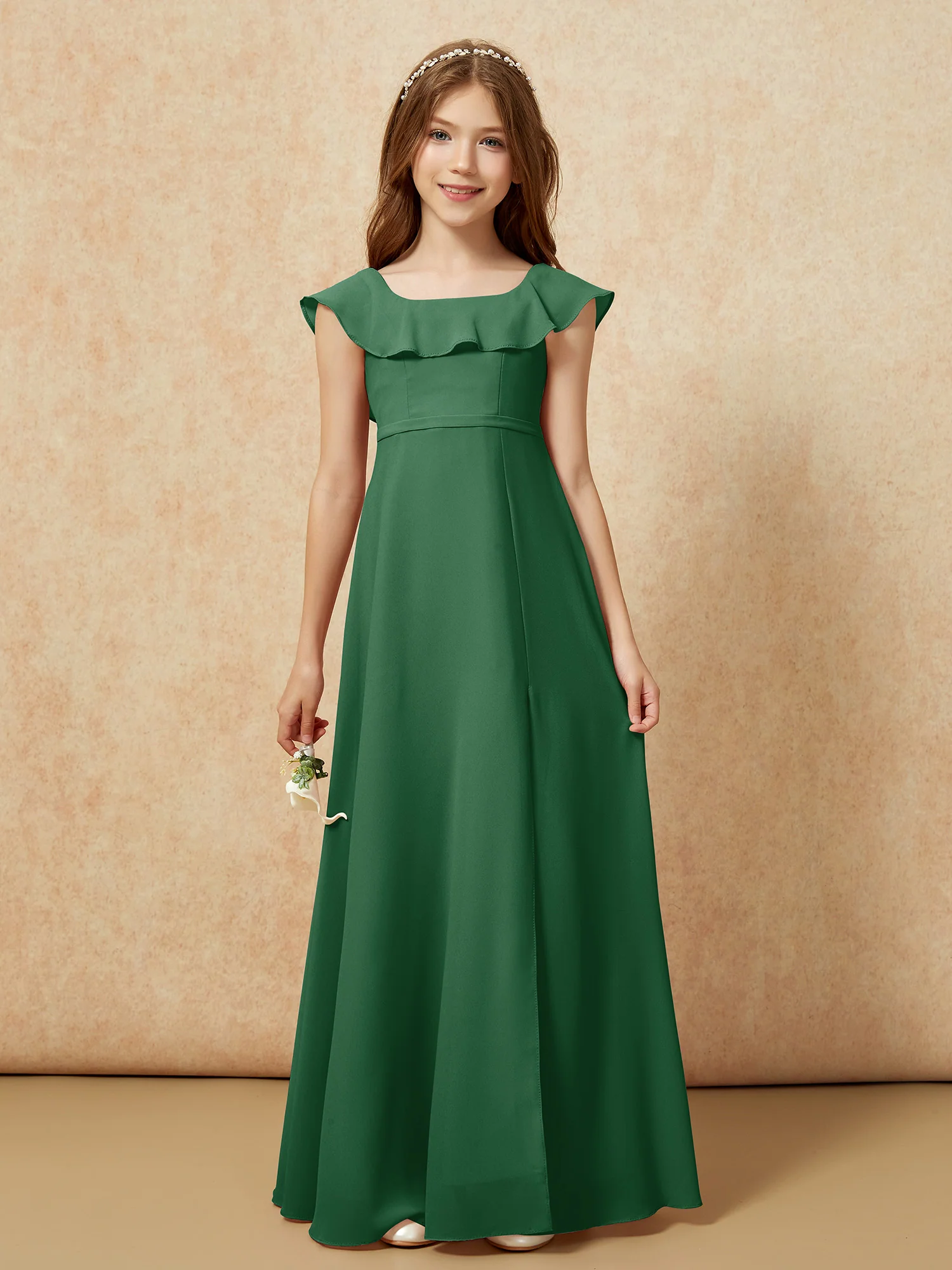 Square Neck Chiffon Junior Bridesmaid Dress With Slit Dark Green - Image 4