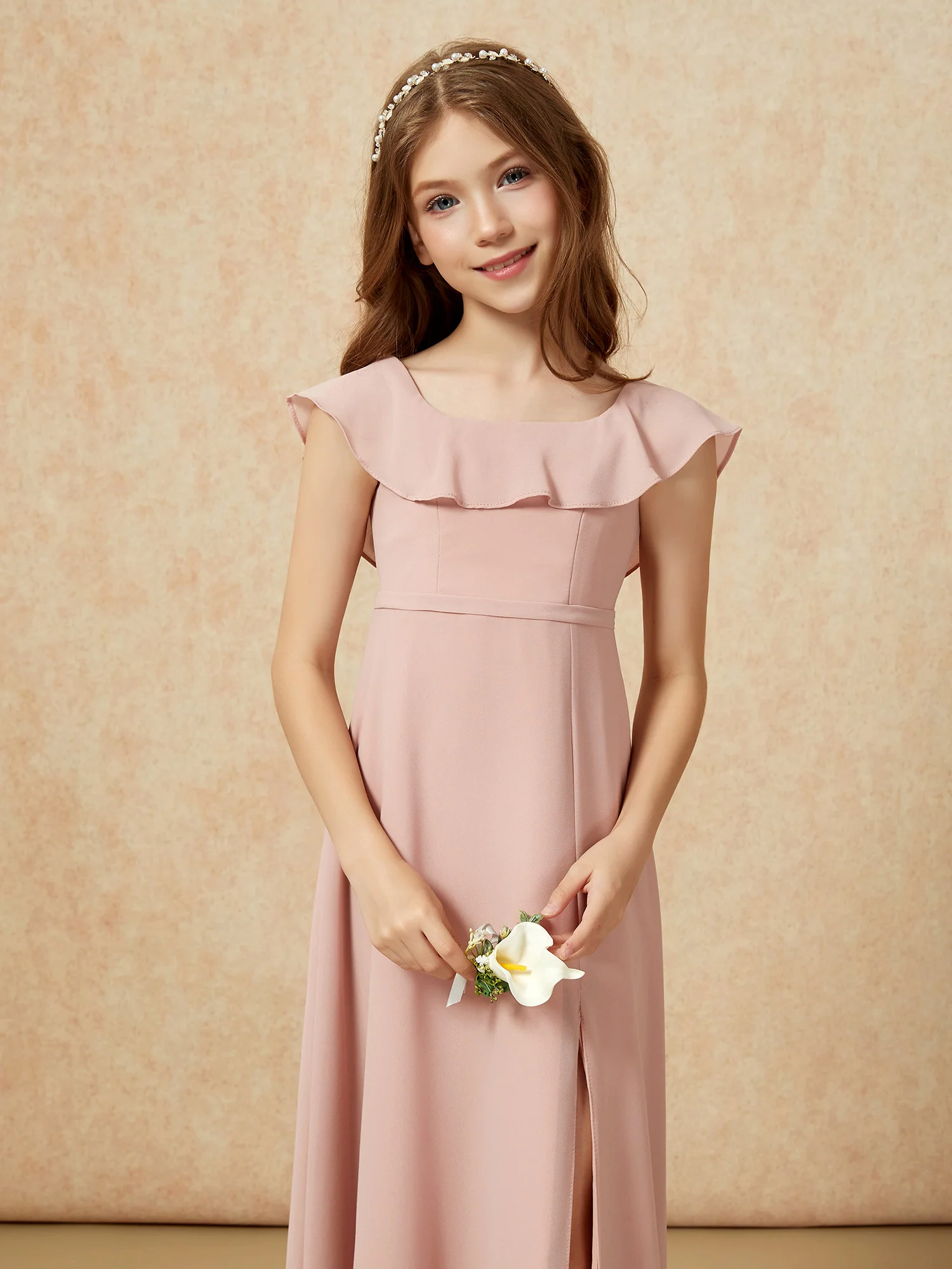 Square Neck Chiffon Junior Bridesmaid Dress With Slit Dusty Rose - Image 6