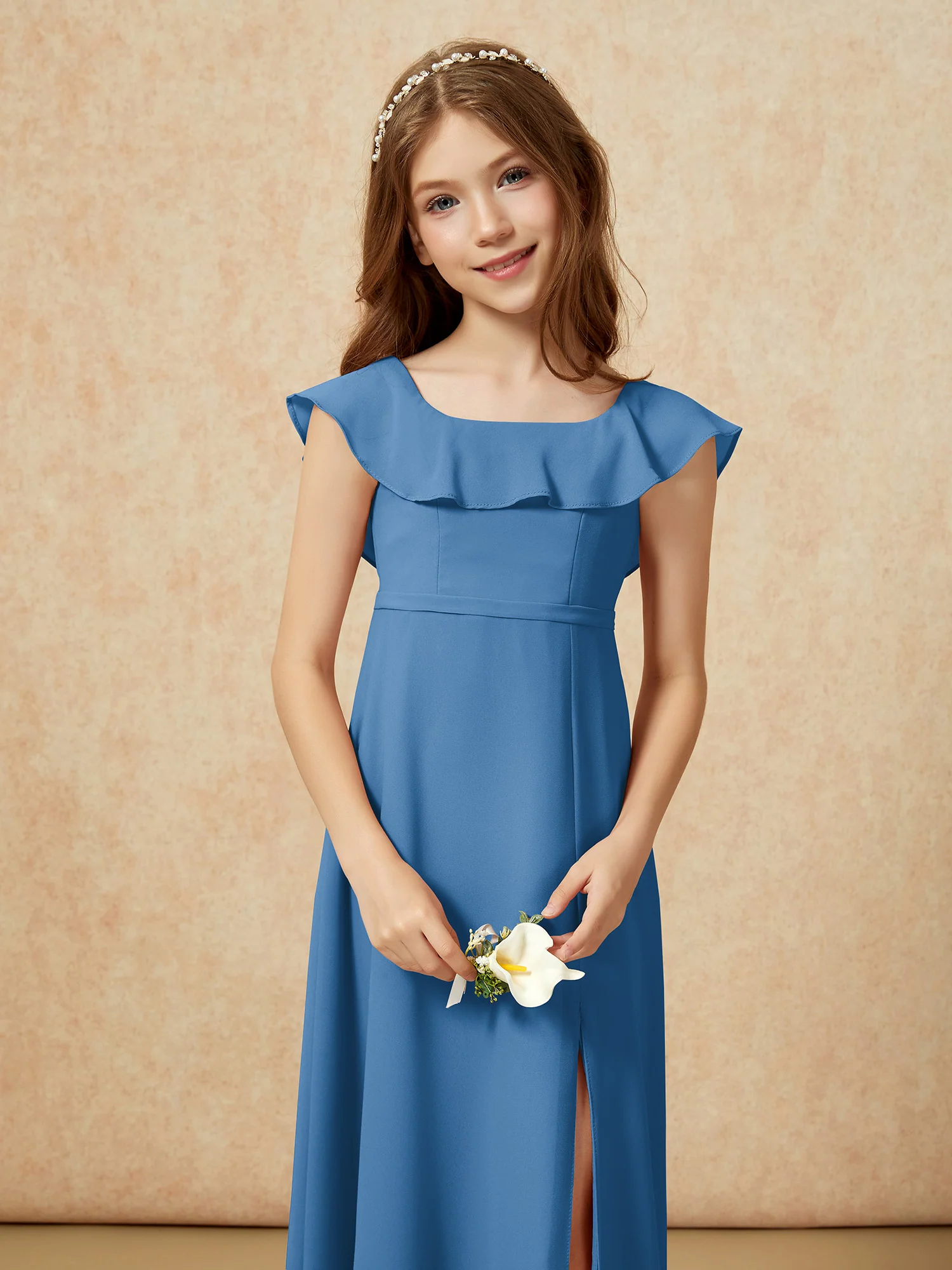 Square Neck Chiffon Junior Bridesmaid Dress With Slit Ink Blue - Image 6