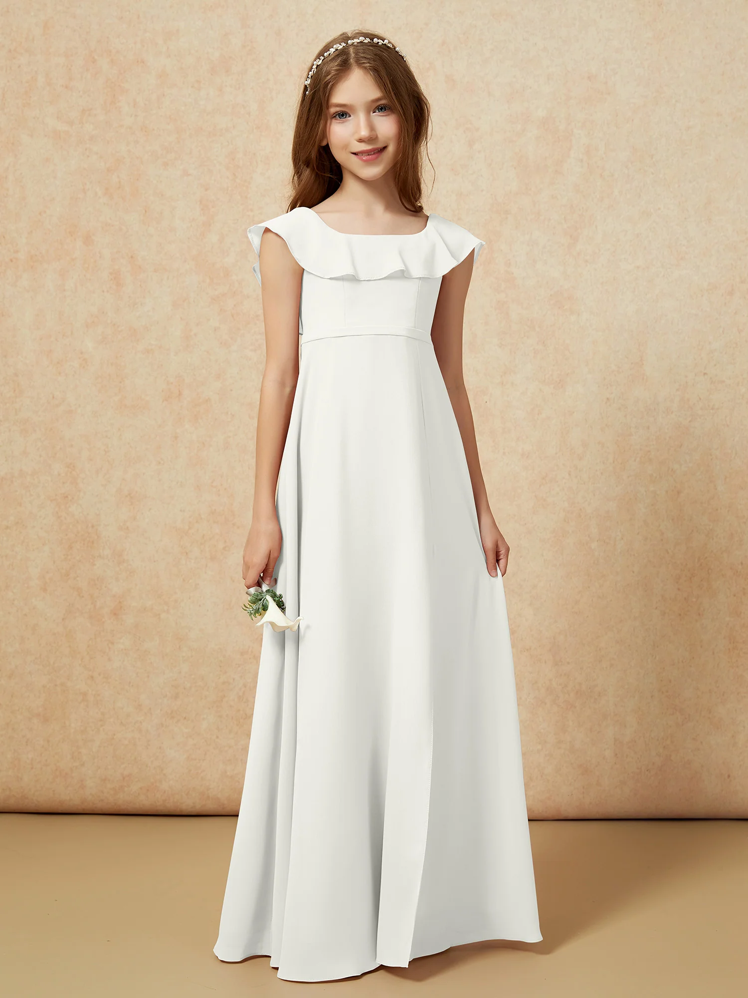 Square Neck Chiffon Junior Bridesmaid Dress With Slit Ivory - Image 5