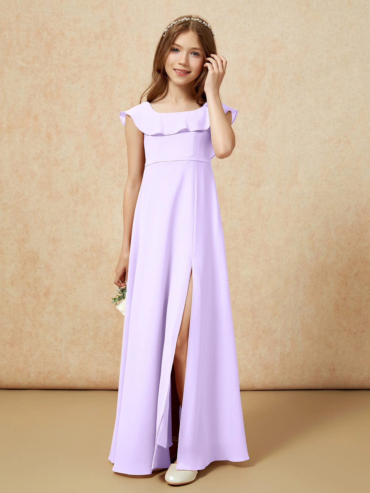 Square Neck Chiffon Junior Bridesmaid Dress With Slit Lilac