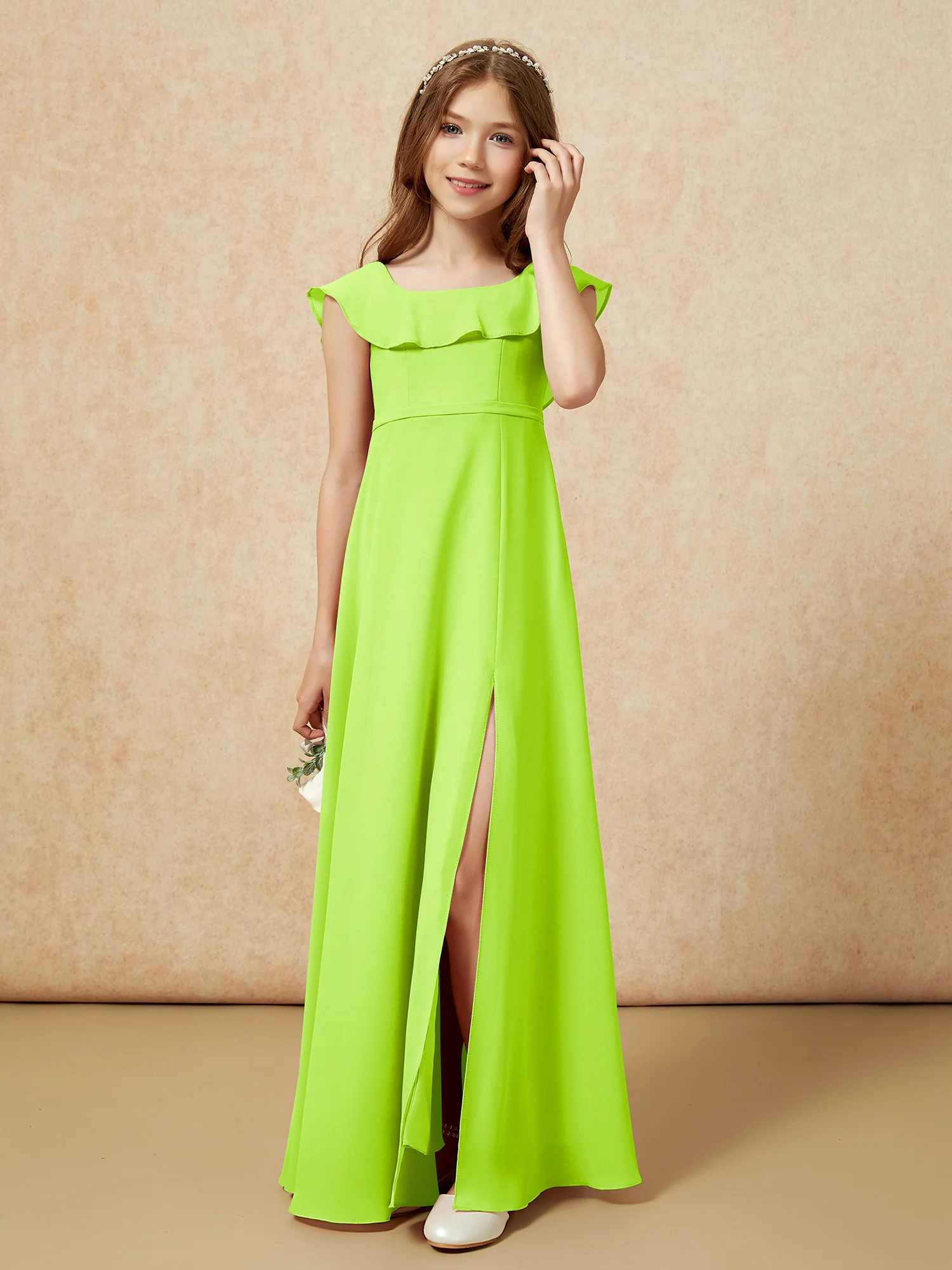 Square Neck Chiffon Junior Bridesmaid Dress With Slit Lime Green