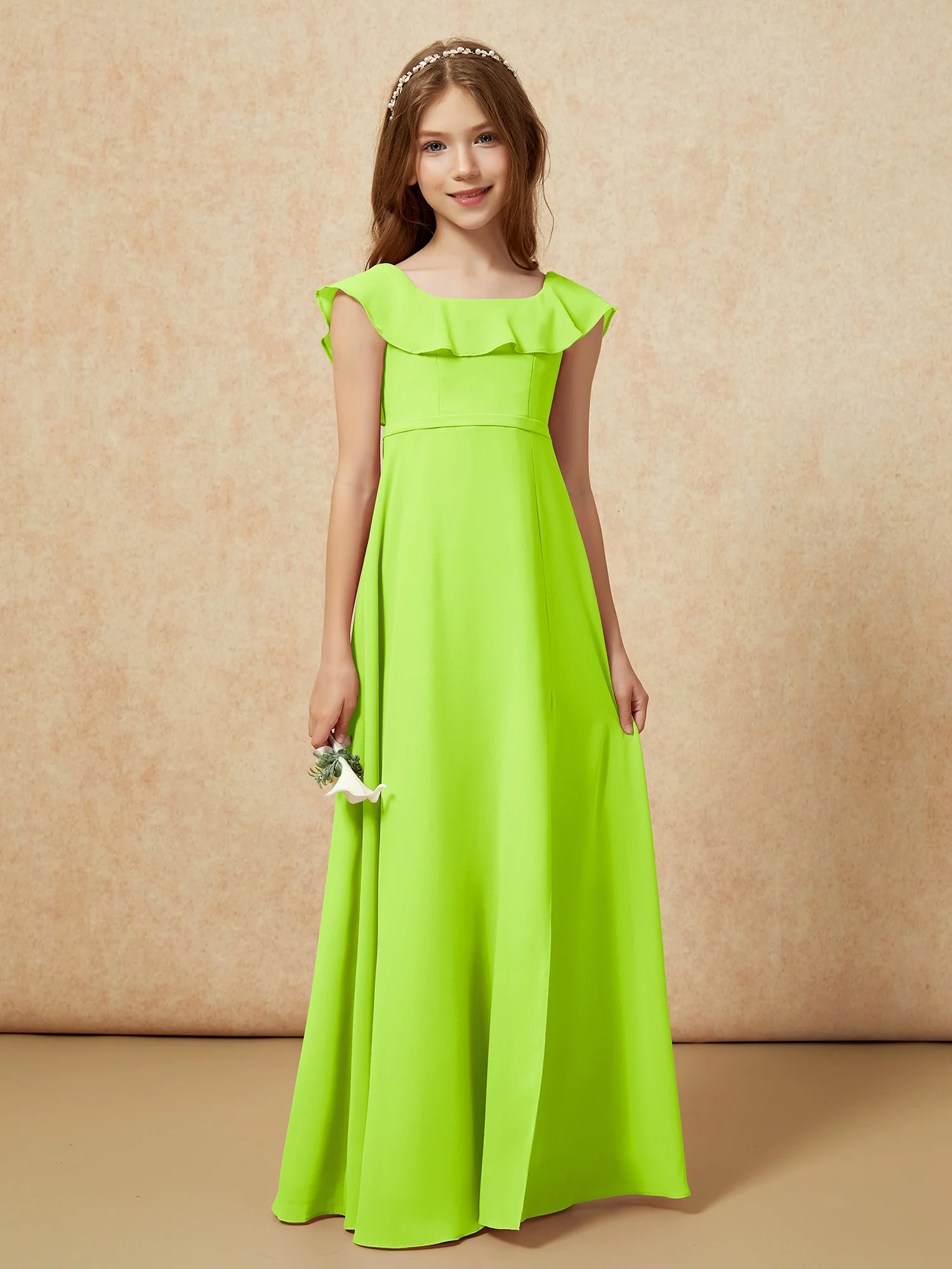 Square Neck Chiffon Junior Bridesmaid Dress With Slit Lime Green - Image 5