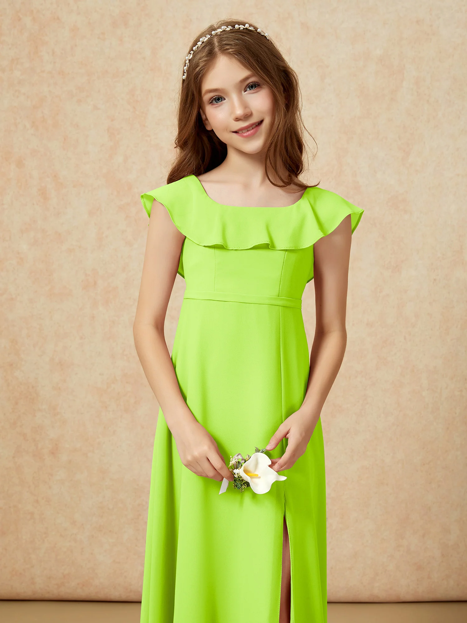 Square Neck Chiffon Junior Bridesmaid Dress With Slit Lime Green - Image 6