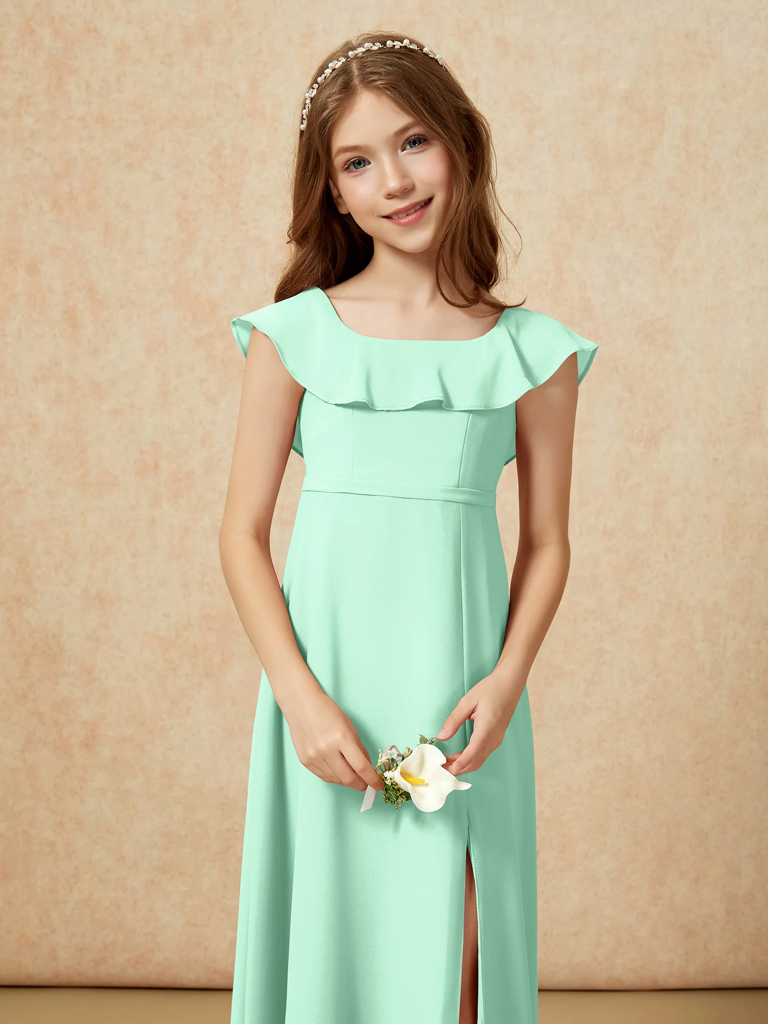 Square Neck Chiffon Junior Bridesmaid Dress With Slit Mint Green - Image 6