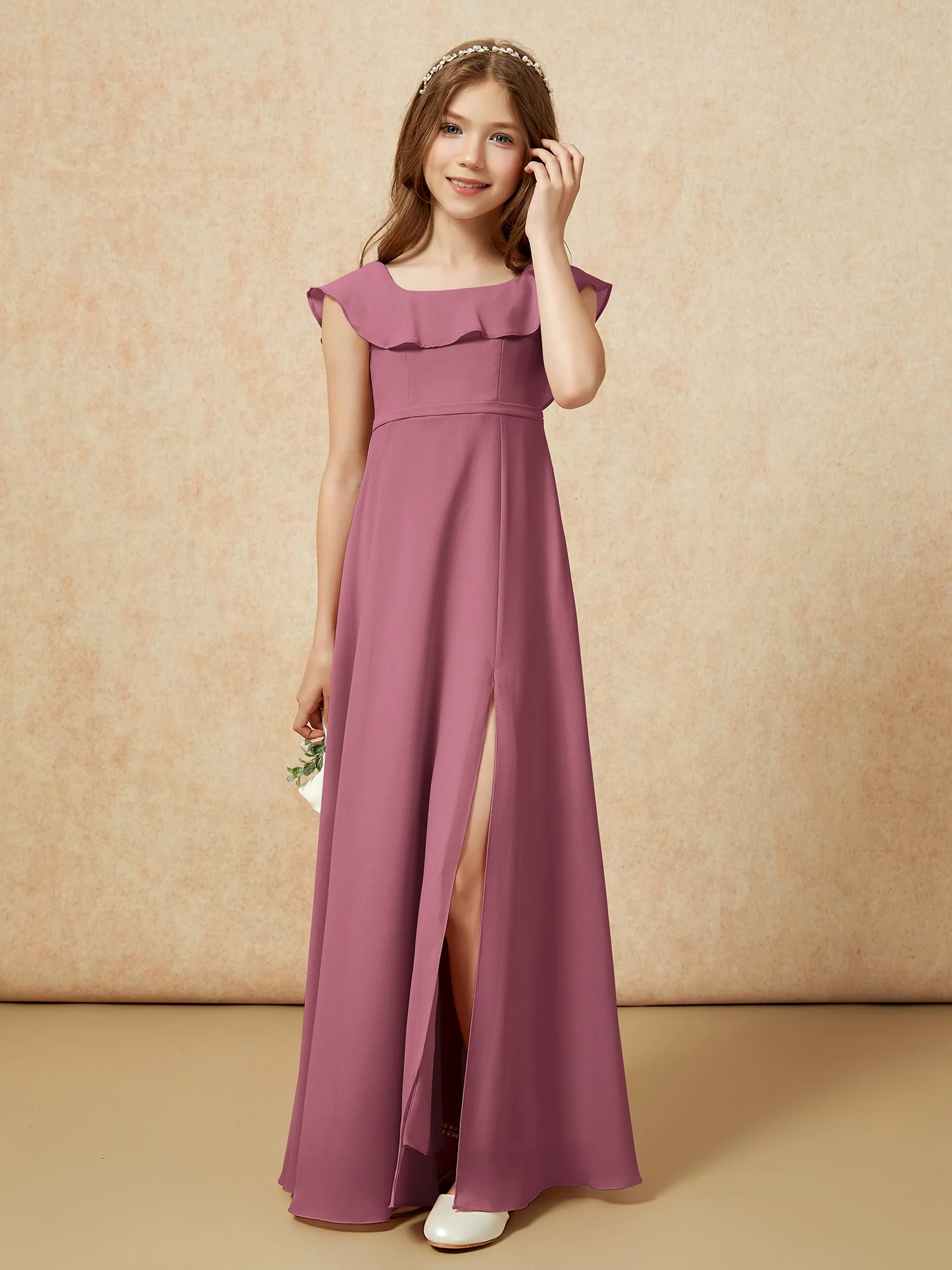 Square Neck Chiffon Junior Bridesmaid Dress With Slit Mulberry