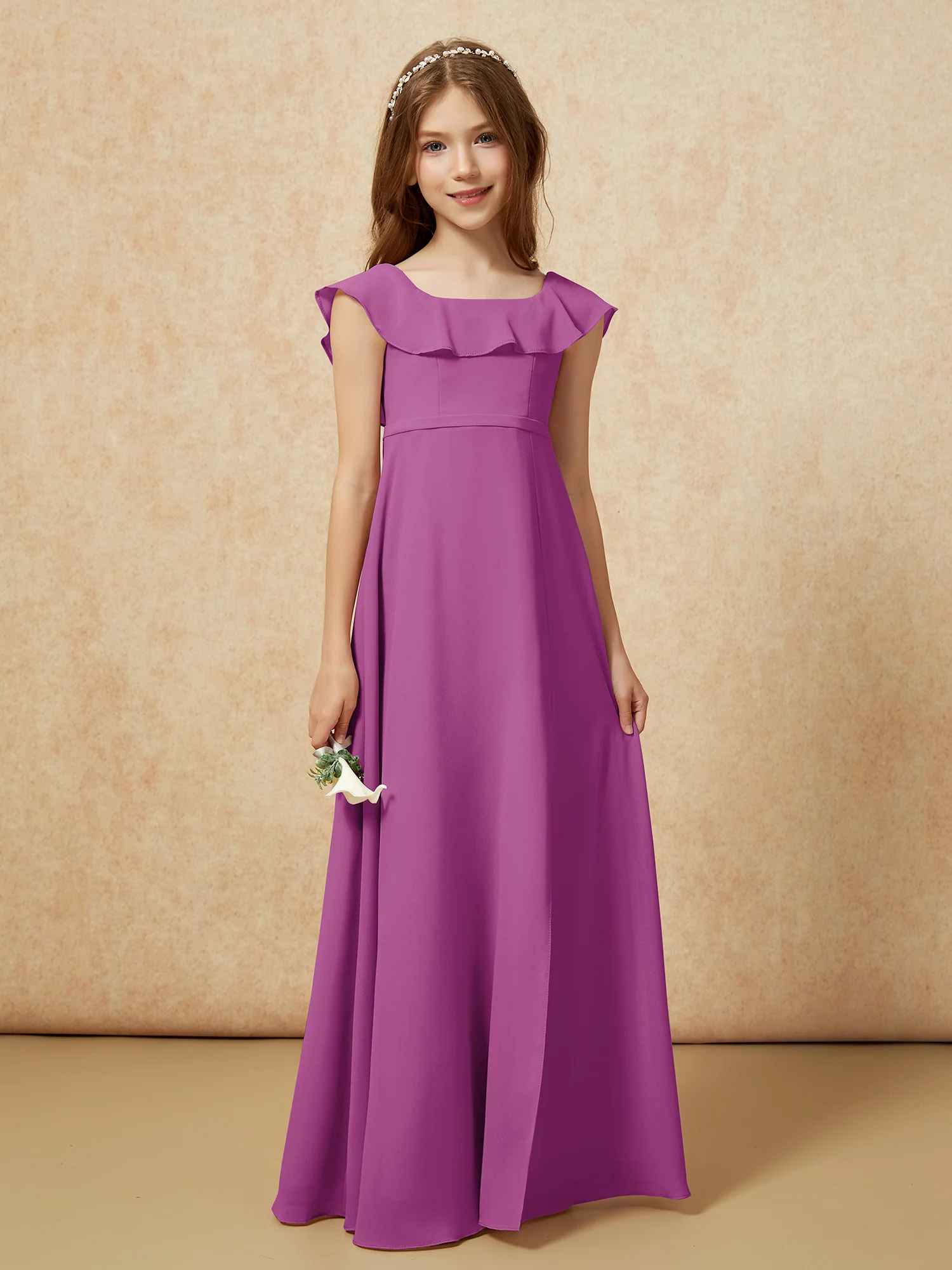 Square Neck Chiffon Junior Bridesmaid Dress With Slit Orchid - Image 5