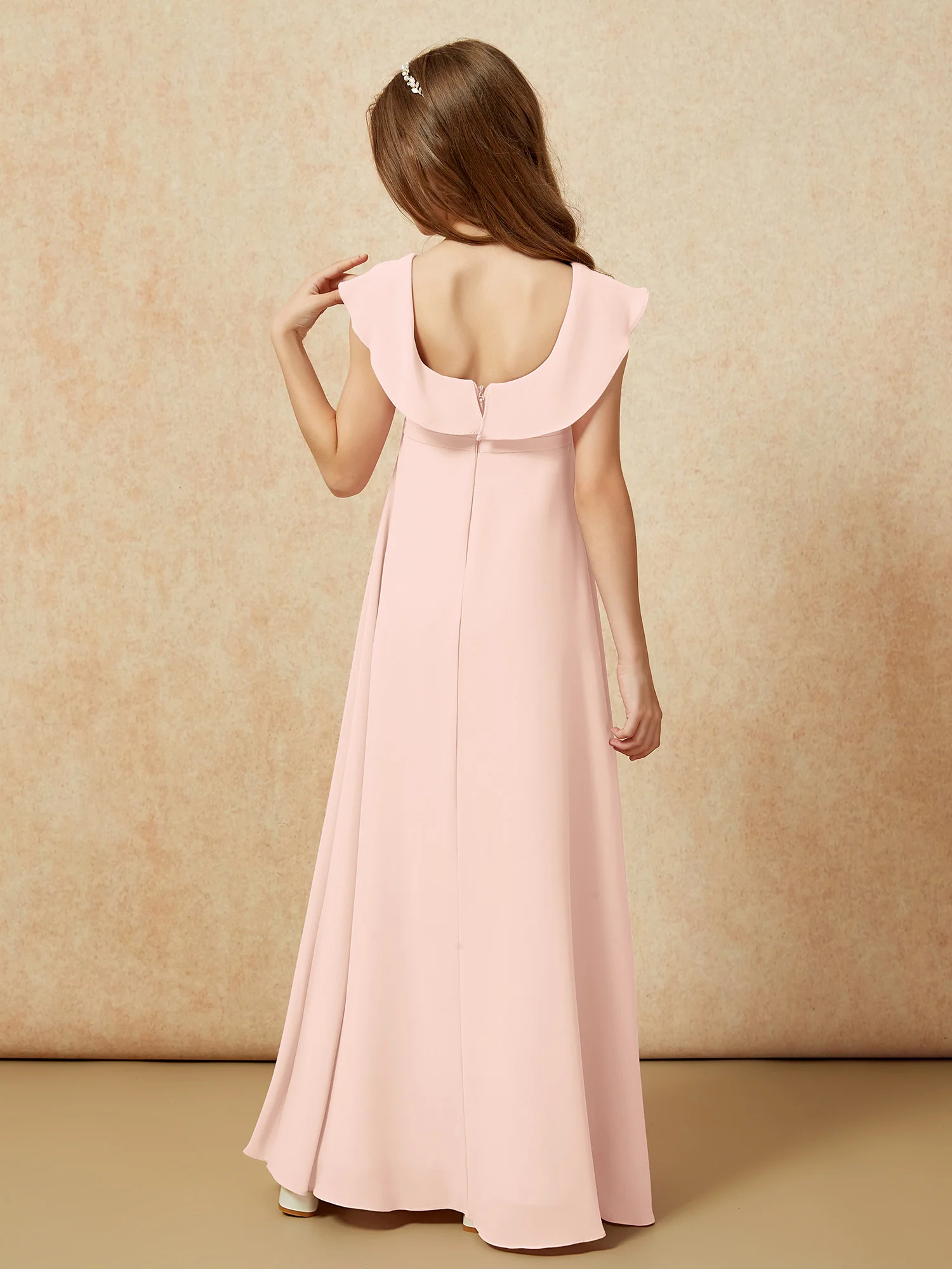 Square Neck Chiffon Junior Bridesmaid Dress With Slit Pearl Pink - Image 2