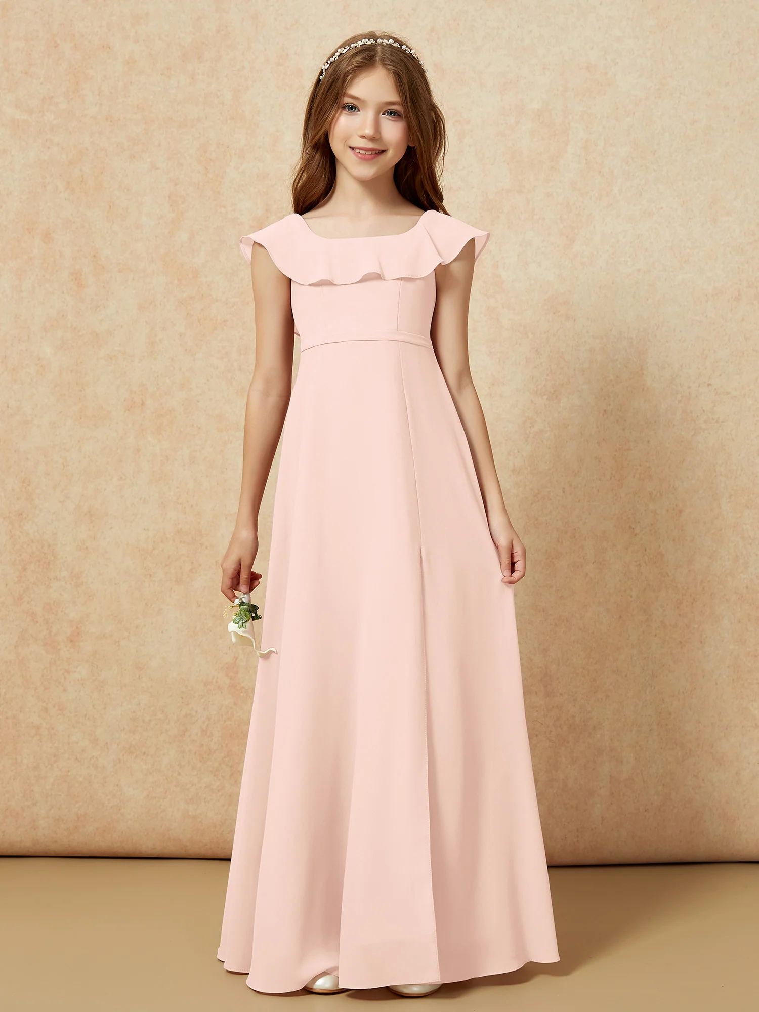 Square Neck Chiffon Junior Bridesmaid Dress With Slit Pearl Pink - Image 4