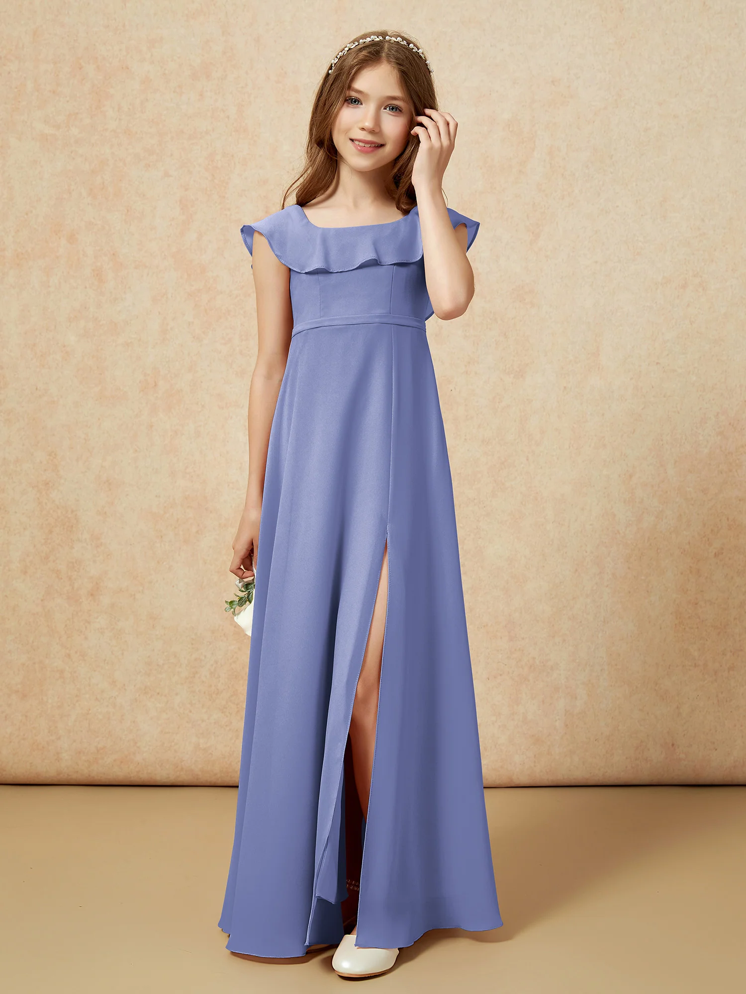 Square Neck Chiffon Junior Bridesmaid Dress With Slit Periwinkle
