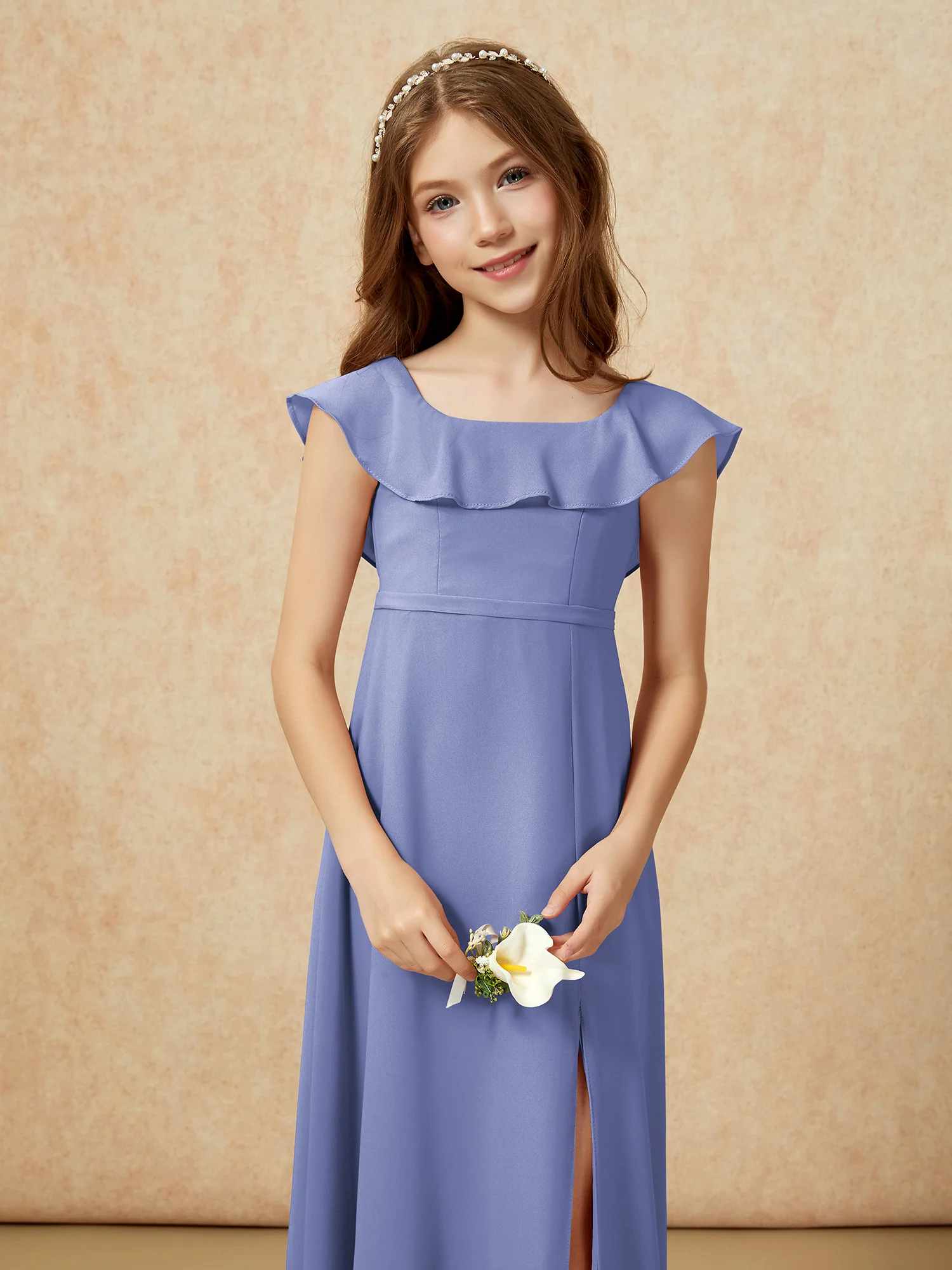 Square Neck Chiffon Junior Bridesmaid Dress With Slit Periwinkle - Image 6