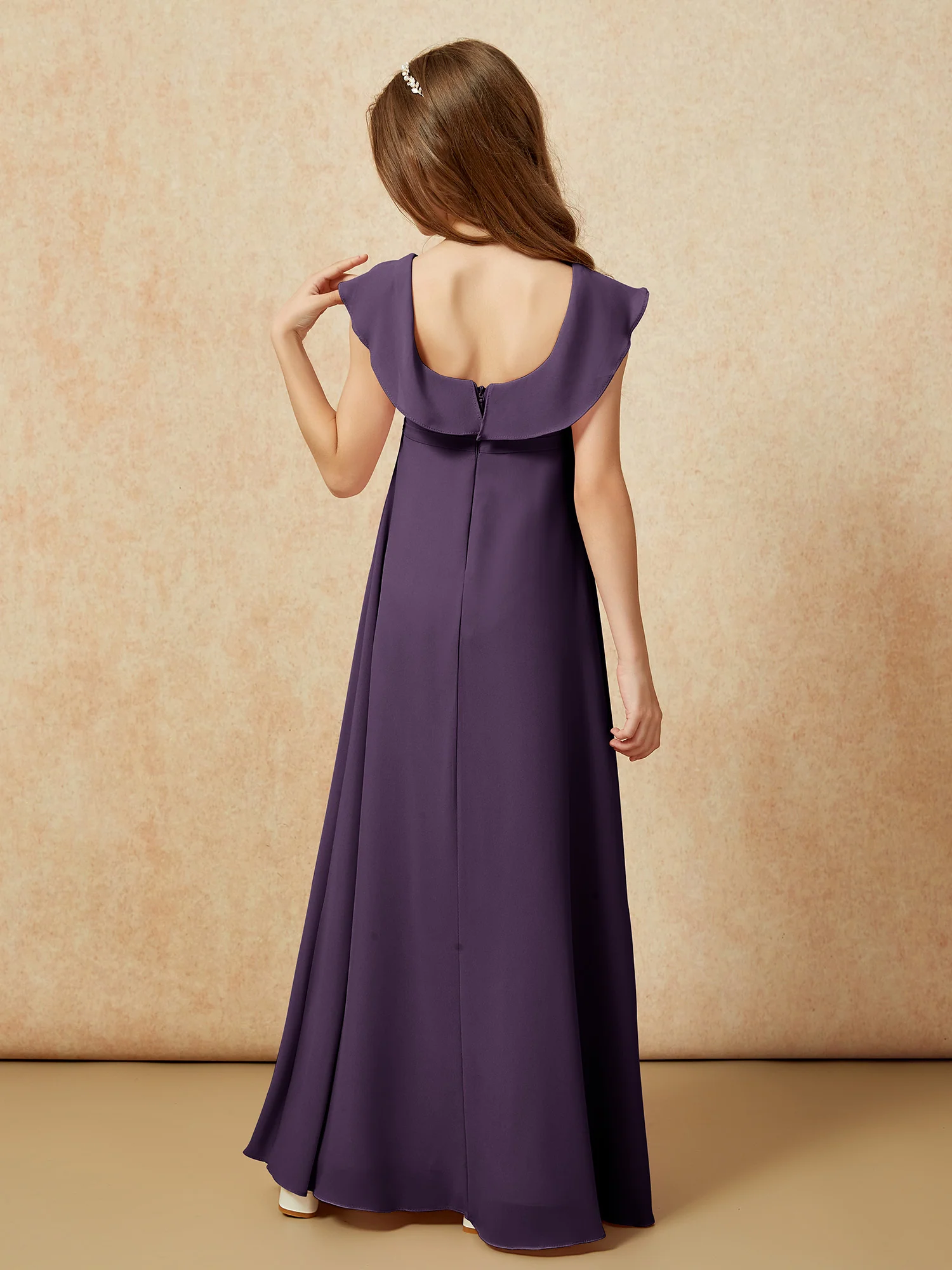 Square Neck Chiffon Junior Bridesmaid Dress With Slit Plum - Image 2