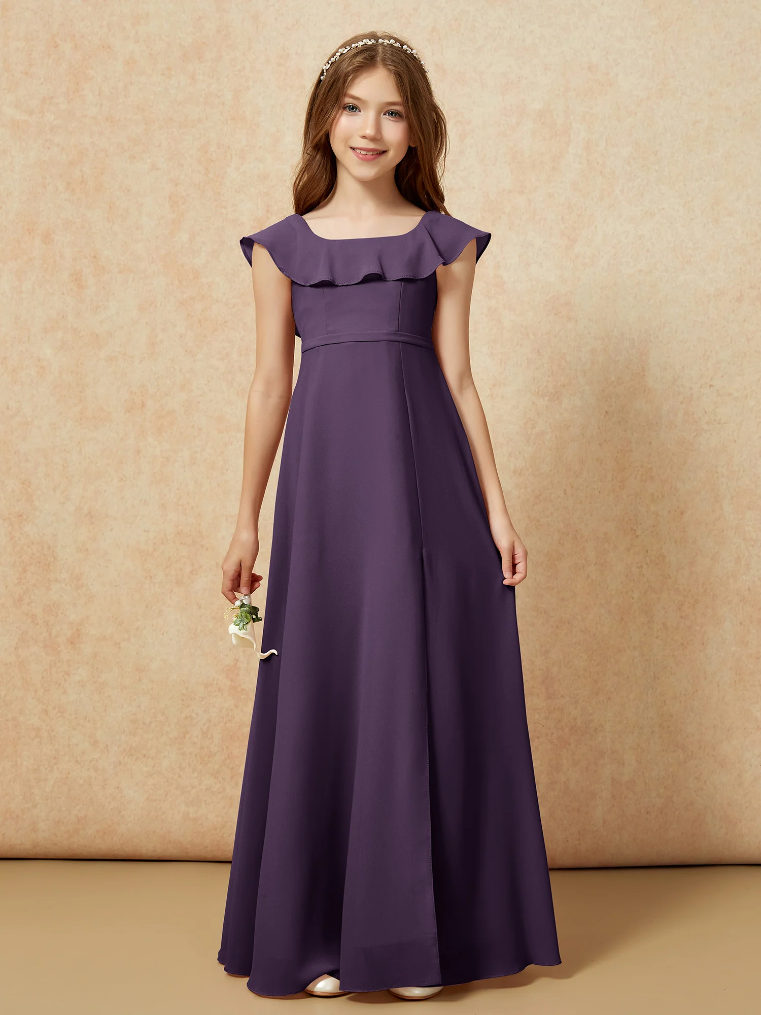 Square Neck Chiffon Junior Bridesmaid Dress With Slit Plum - Image 4