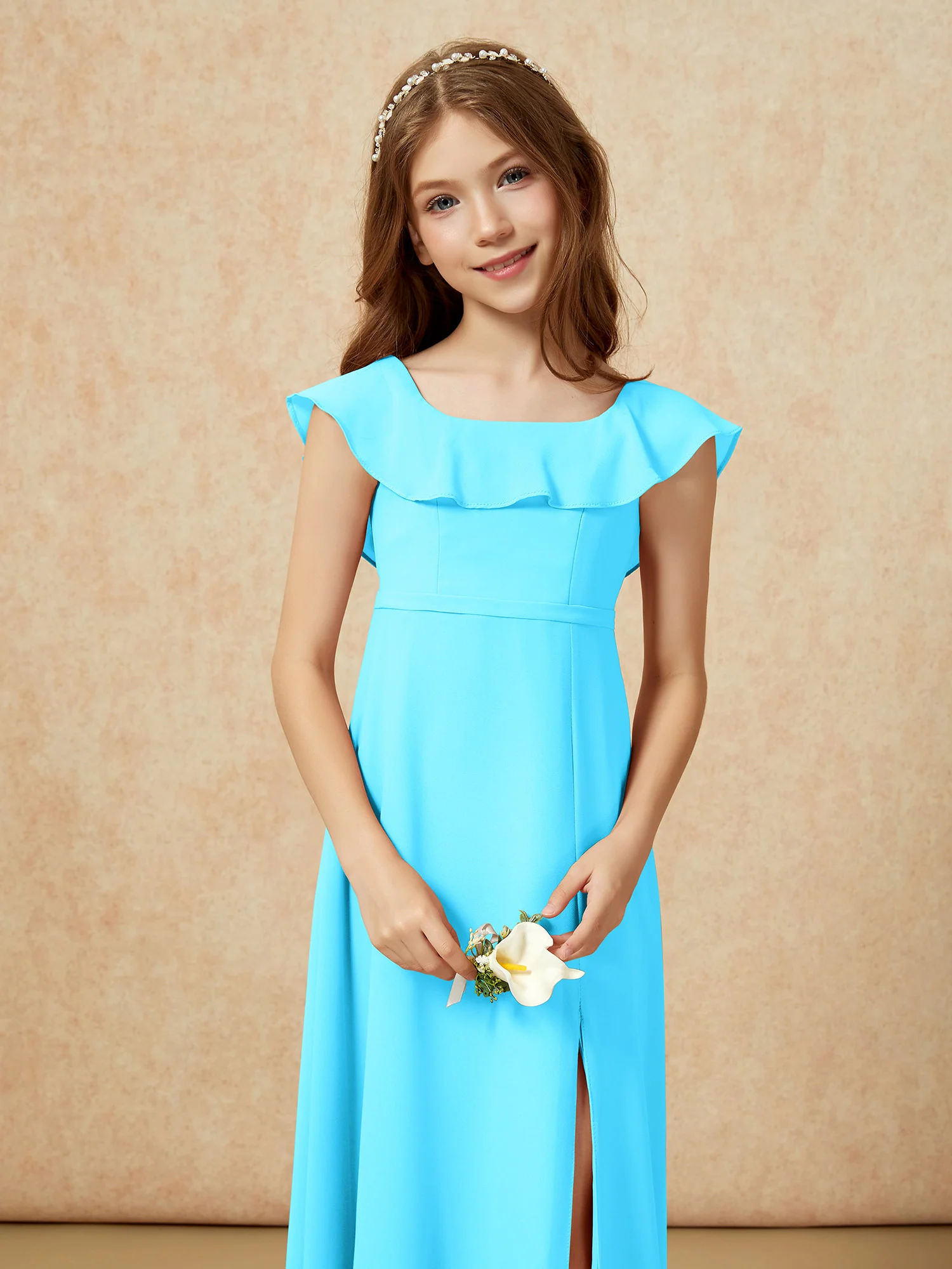 Square Neck Chiffon Junior Bridesmaid Dress With Slit Pool - Image 6