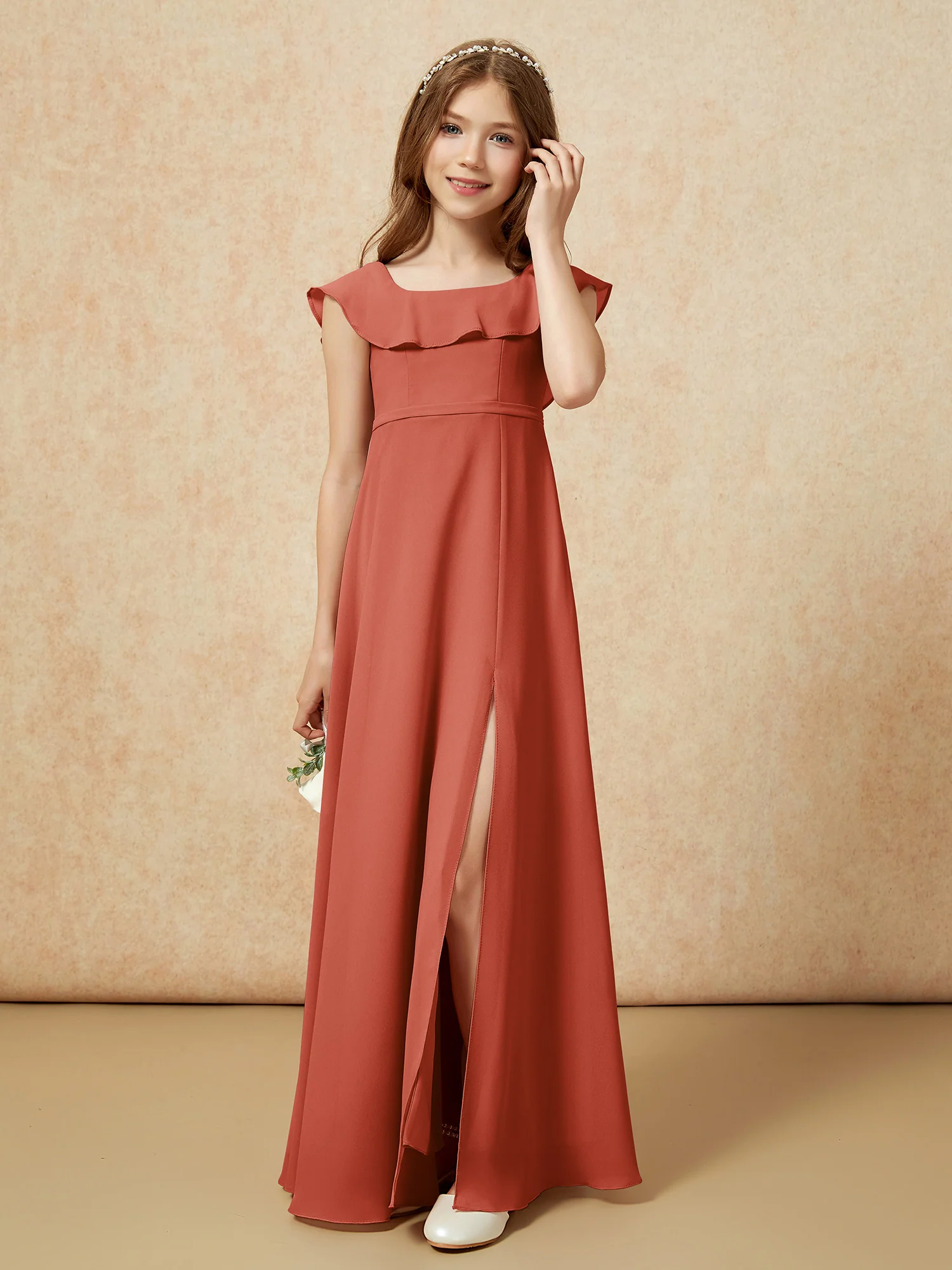 Square Neck Chiffon Junior Bridesmaid Dress With Slit Rust