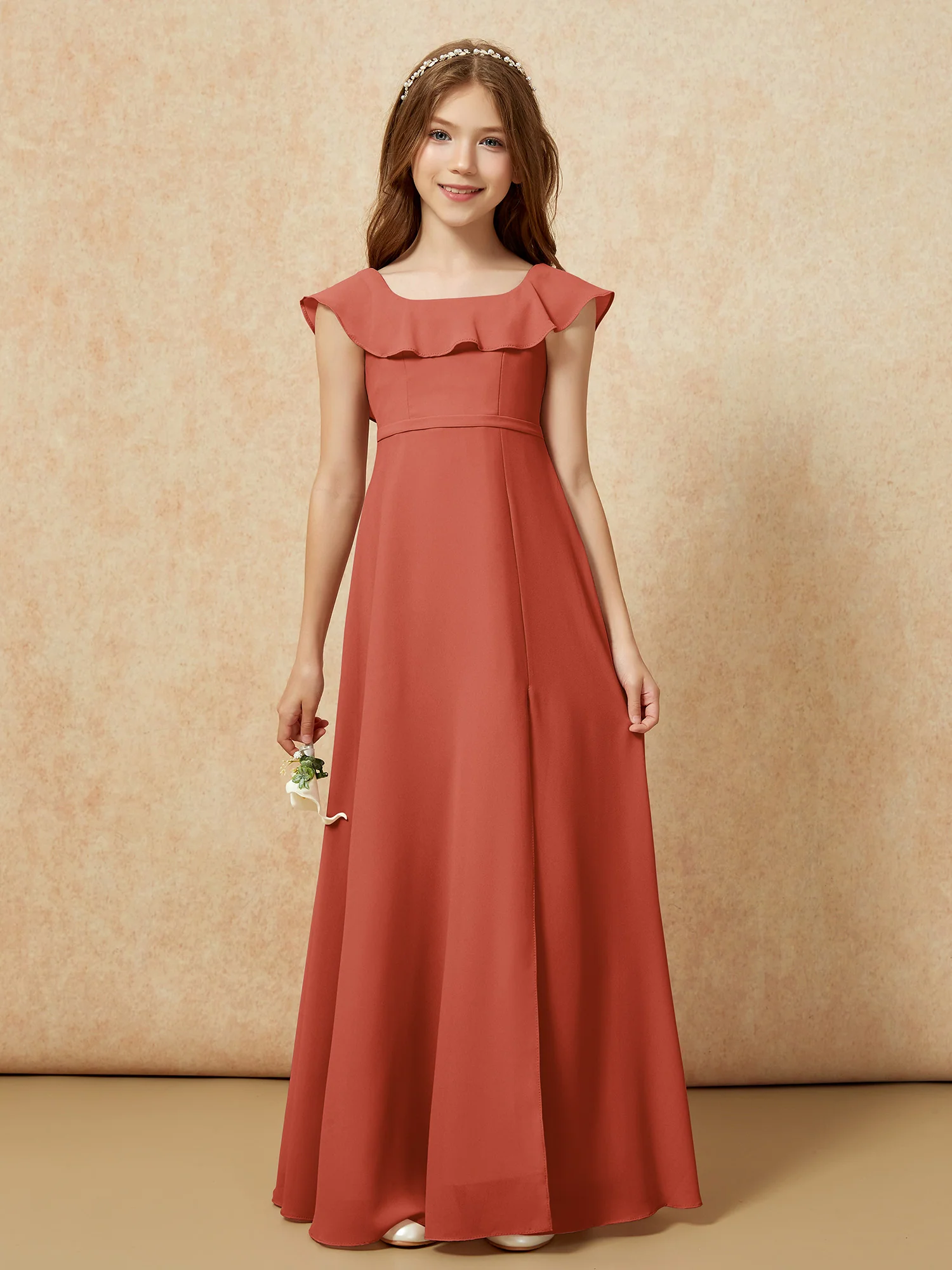 Square Neck Chiffon Junior Bridesmaid Dress With Slit Rust - Image 4