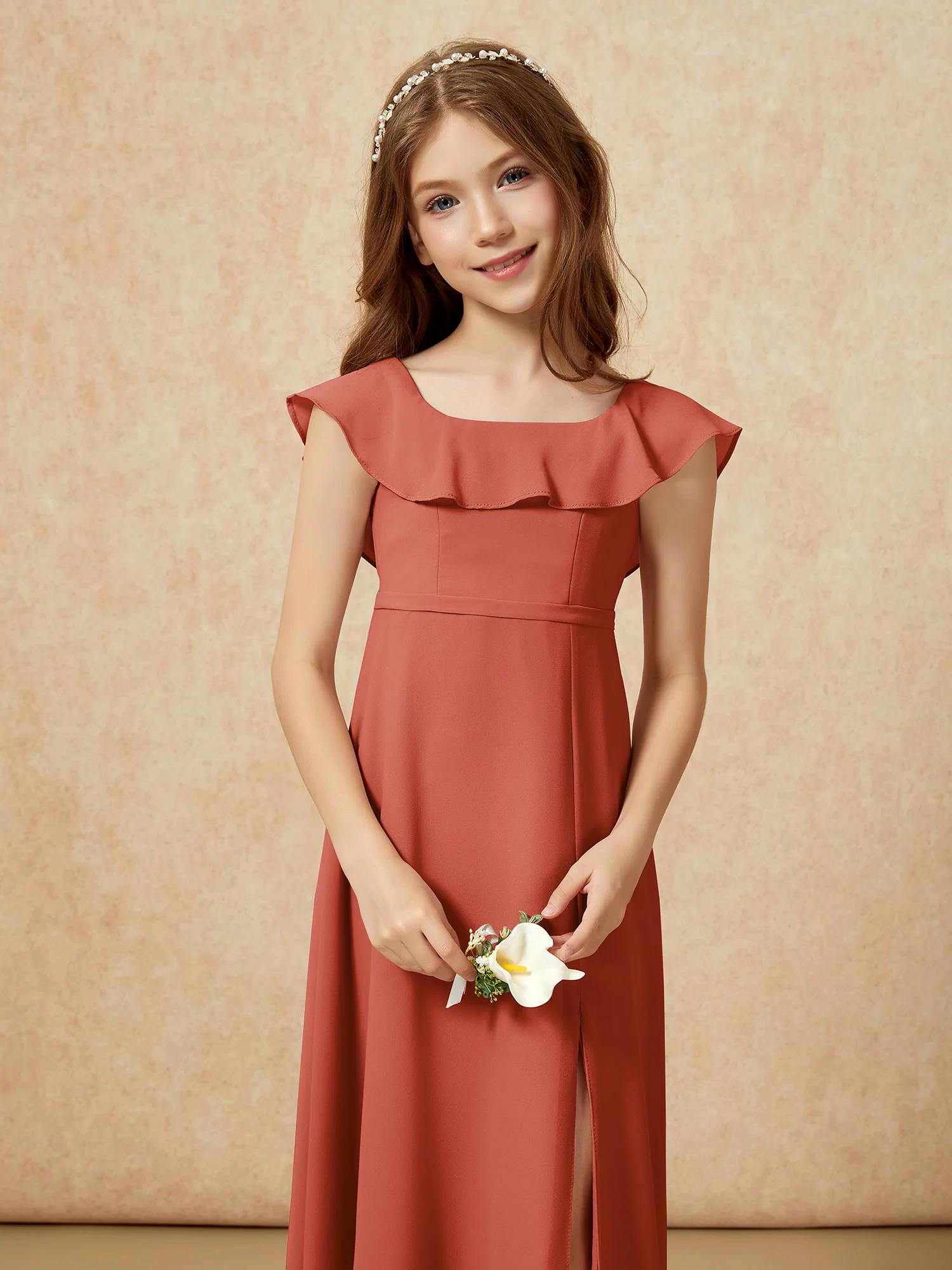 Square Neck Chiffon Junior Bridesmaid Dress With Slit Rust - Image 6