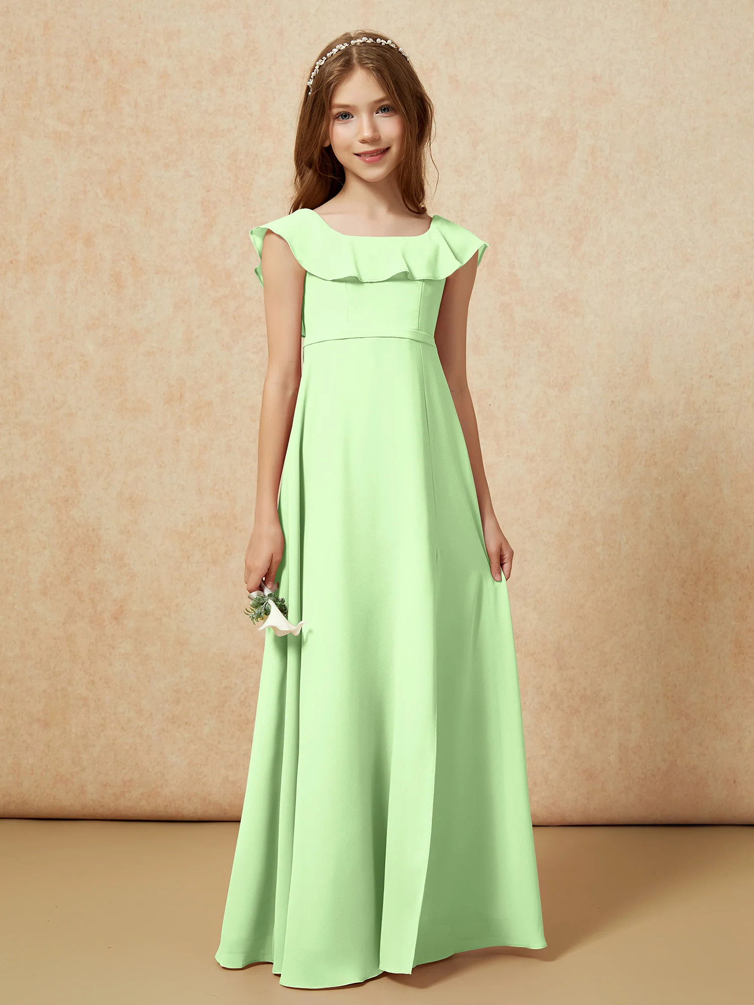 Square Neck Chiffon Junior Bridesmaid Dress With Slit Sage - Image 5