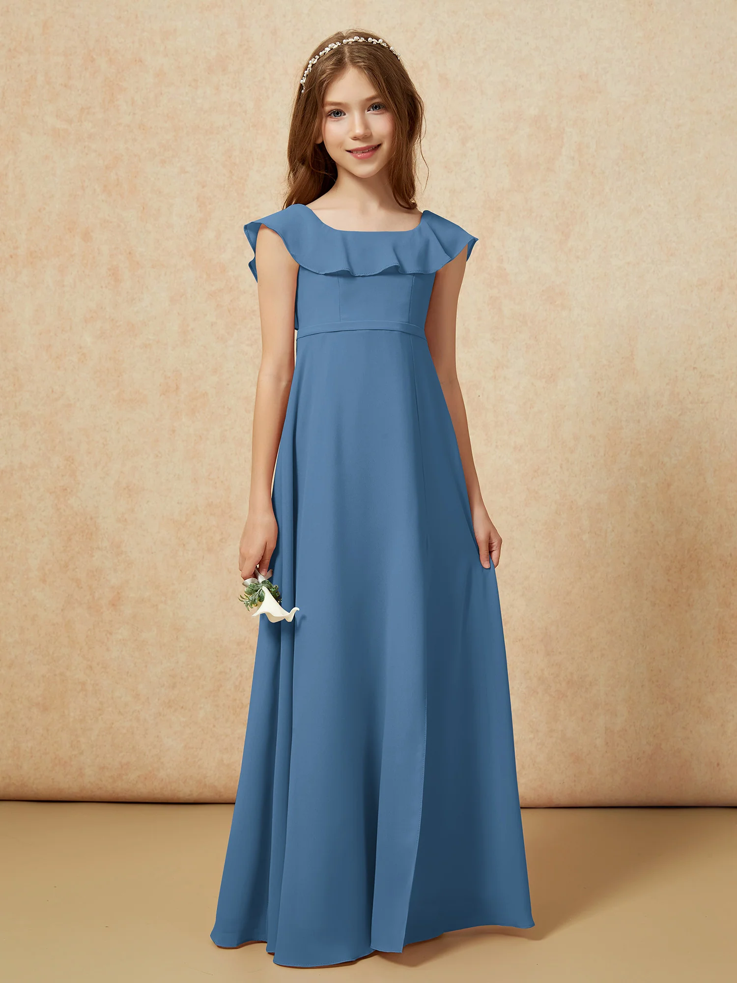 Square Neck Chiffon Junior Bridesmaid Dress With Slit Slate Blue - Image 5
