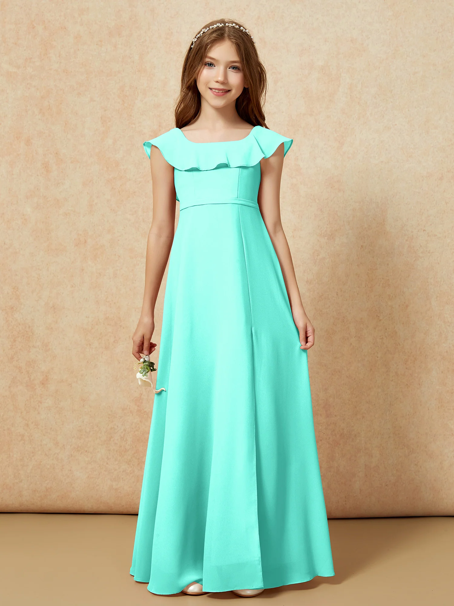 Square Neck Chiffon Junior Bridesmaid Dress With Slit Spa - Image 4