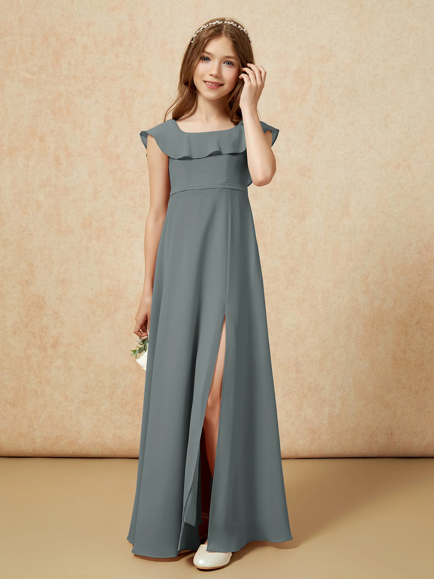 Square Neck Chiffon Junior Bridesmaid Dress With Slit Steel Grey