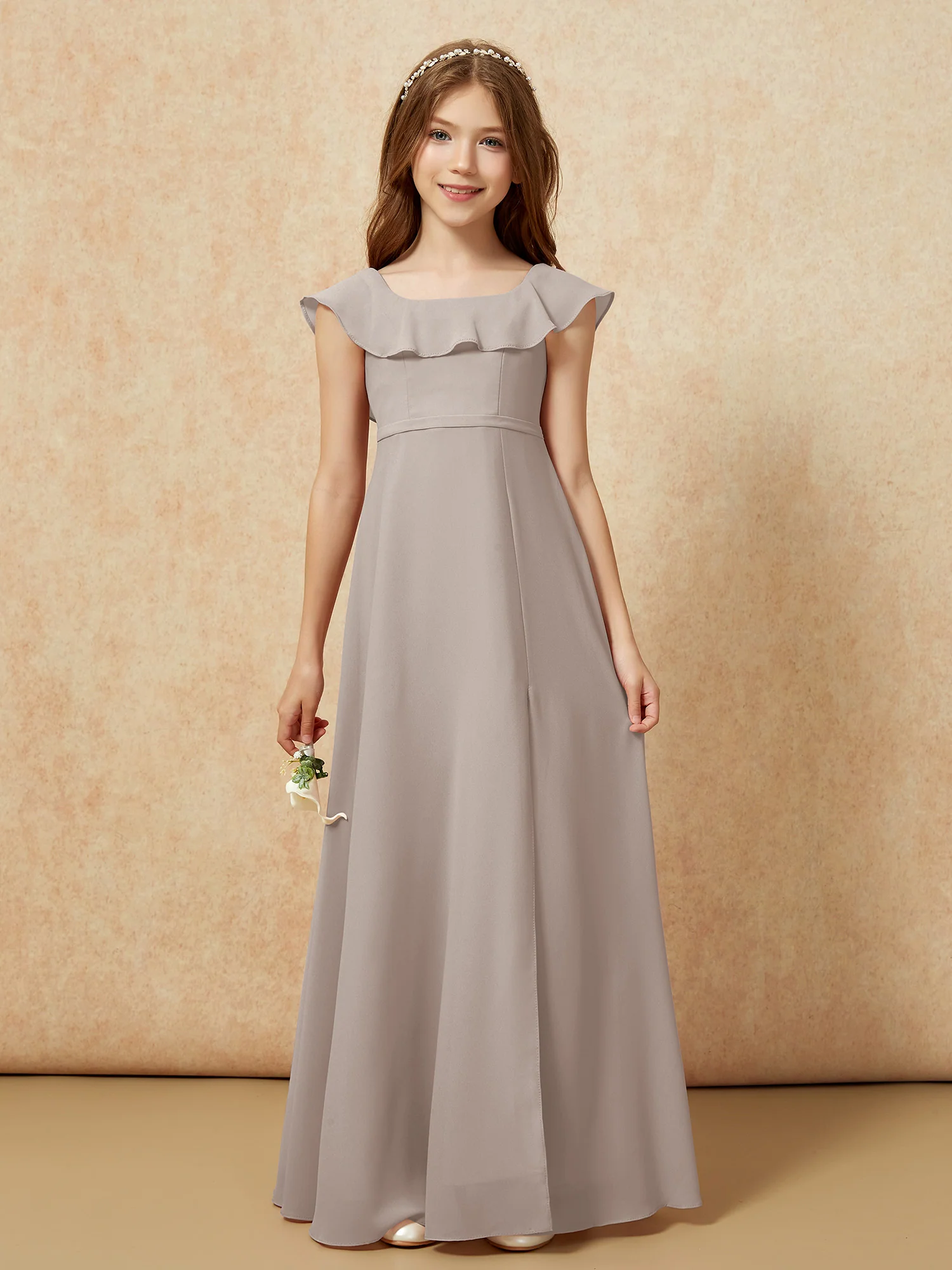Square Neck Chiffon Junior Bridesmaid Dress With Slit Taupe - Image 4