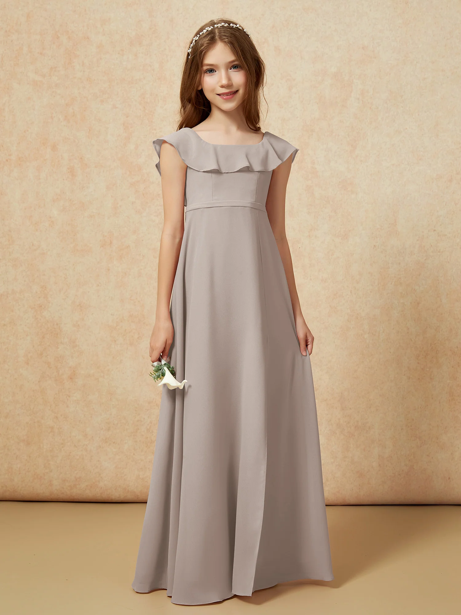 Square Neck Chiffon Junior Bridesmaid Dress With Slit Taupe - Image 5
